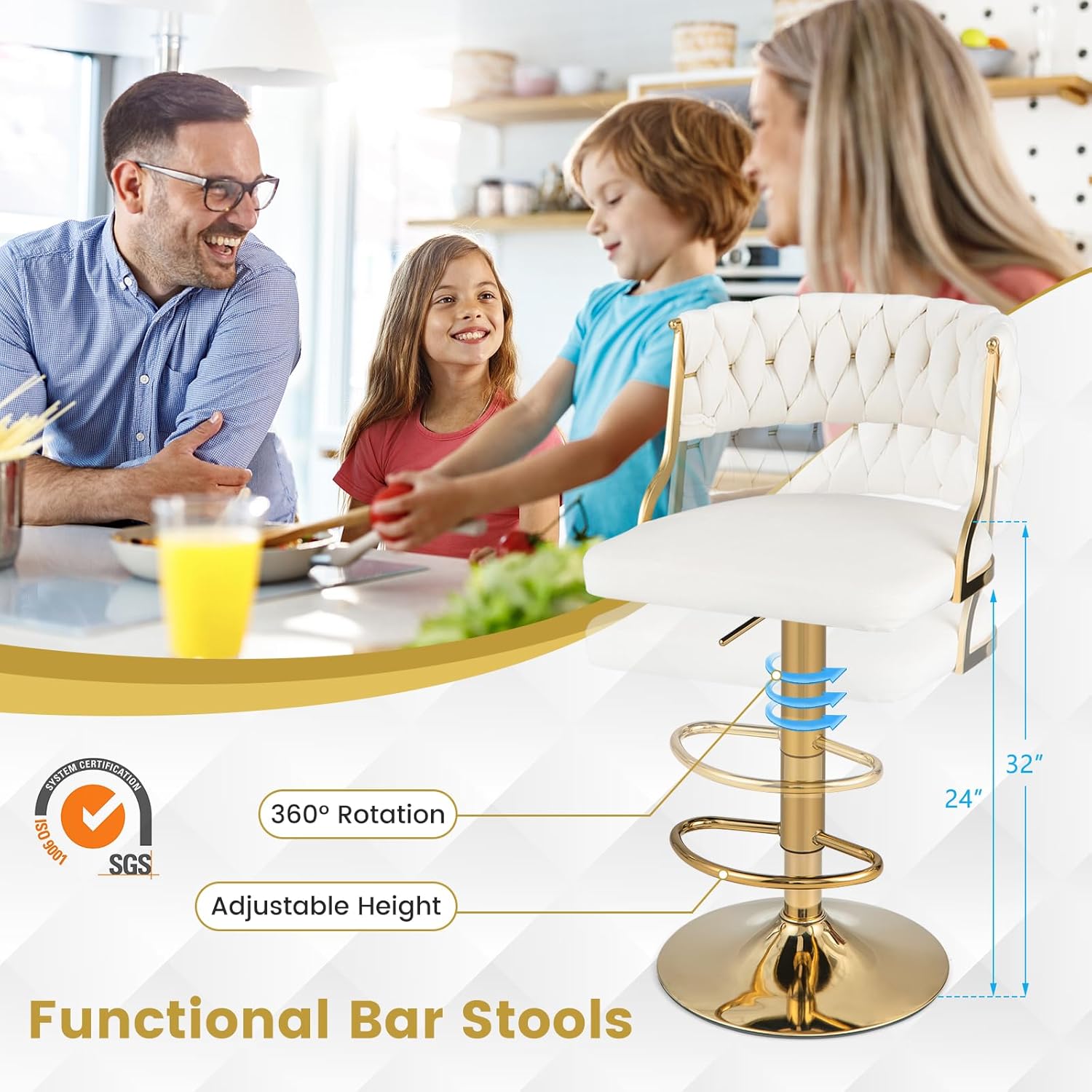 COSTWAY Juego de 2 taburetes de bar ajustables de terciopelo, carga máxima, 400 libras, modernos taburetes giratorios tapizados con respaldo tejido,