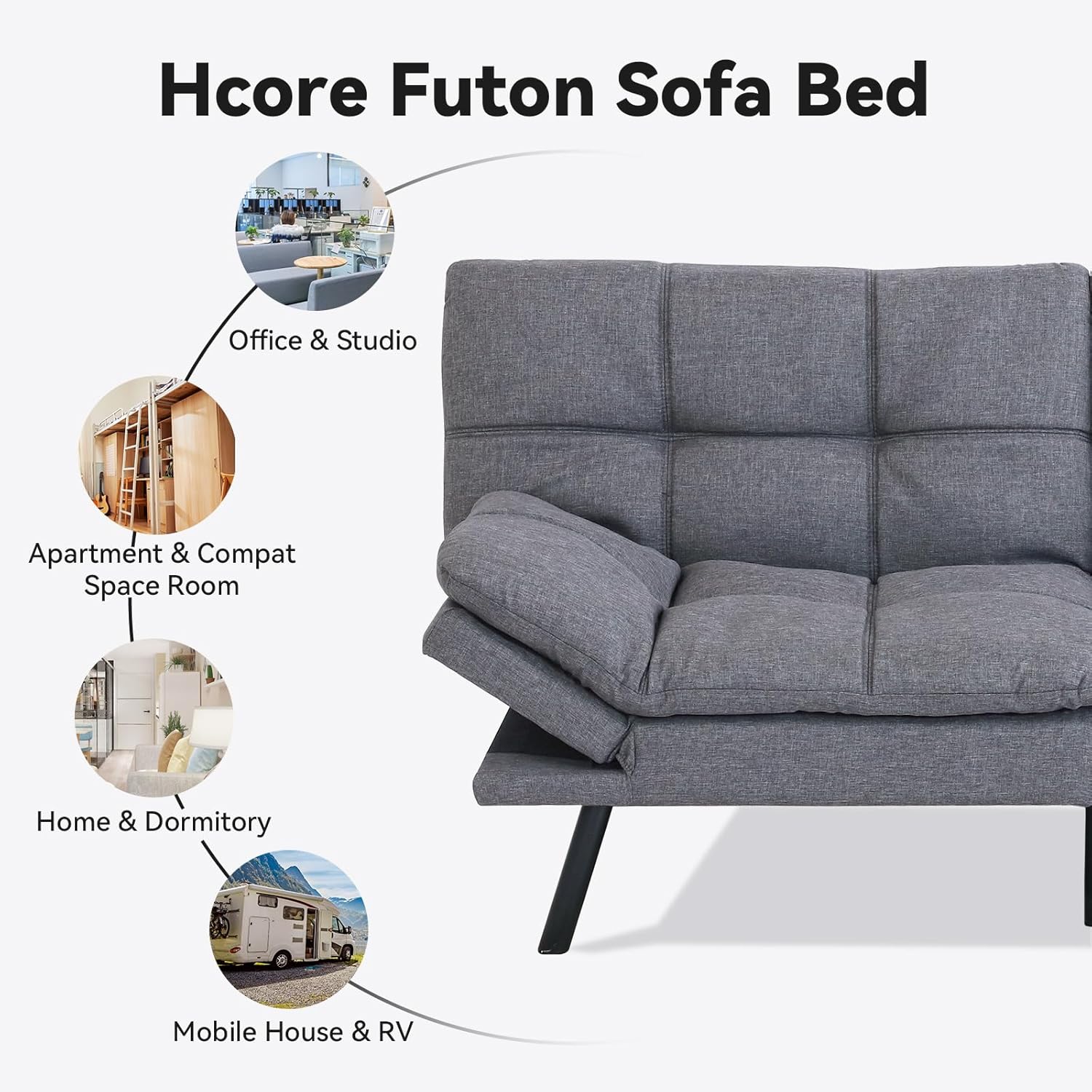 Hcore Juego de futón convertible, sofá pequeño de espuma viscoelástica de 3 pulgadas, sofá biplaza de espuma viscoelástica moderno, sofá pequeño