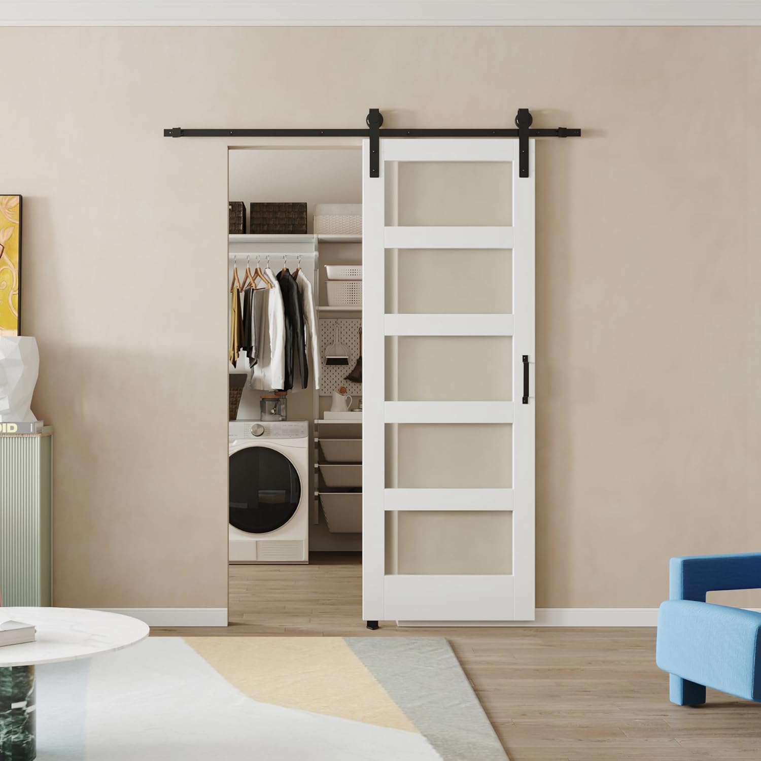 BARNER HOME Puerta corrediza de granero de 30 x 84 pulgadas, MDF, imprimada, 5 paneles de vidrio, necesita montar, con herrajes de 6.6 pies, mango y