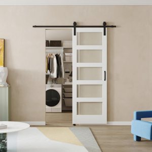 BARNER HOME Puerta corrediza de granero de 30 x 84 pulgadas, MDF, imprimada, 5 paneles de vidrio, necesita montar, con herrajes de 6.6 pies, mango y BARNER HOME Puerta corrediza de granero de 30 x 84 pulgadas, MDF, imprimada, 5 paneles de vidrio, necesita montar, con herrajes de 6.6 pies, mango y