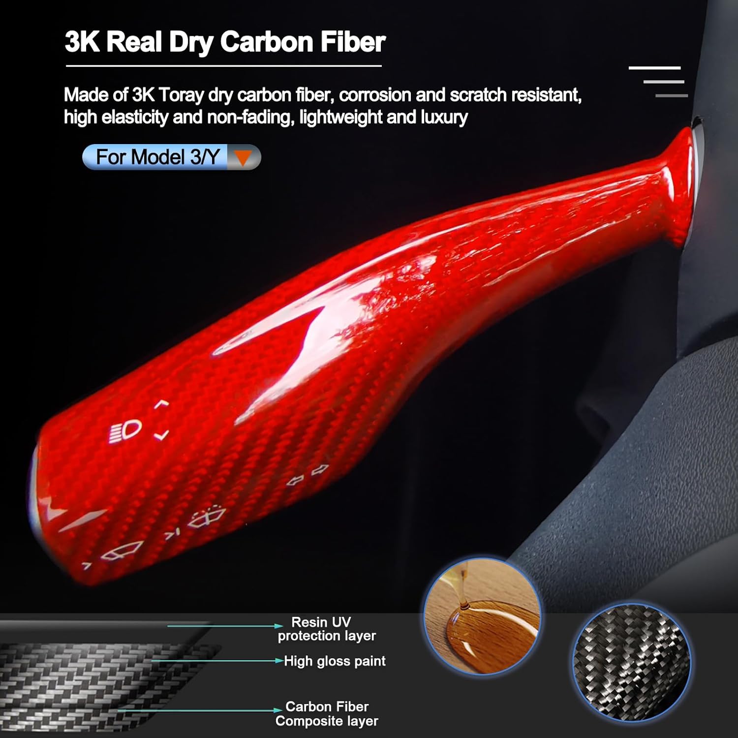 Carbar Tesla Model 3Y – Cubierta de palanca de cambios para Tesla Model Y accesorios 2023-2017 Funda de palanca de dirección de fibra de carbono