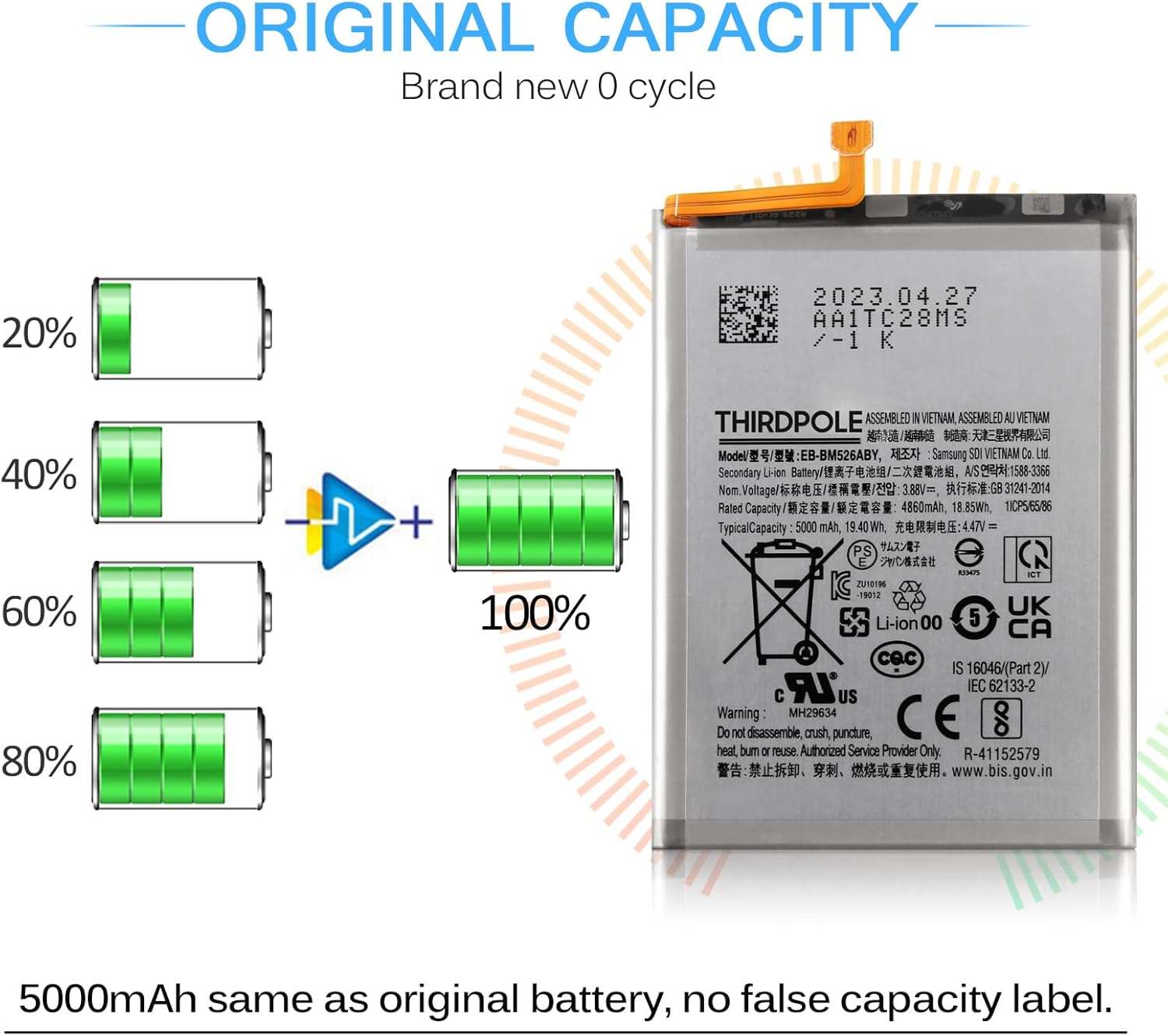 Reemplazo original de la batería para Samsung Galaxy A23 5GM52 5G EB-BM526ABY 5000mAh capacidad estándar SM-M526 SM-A236 batería incluye kit