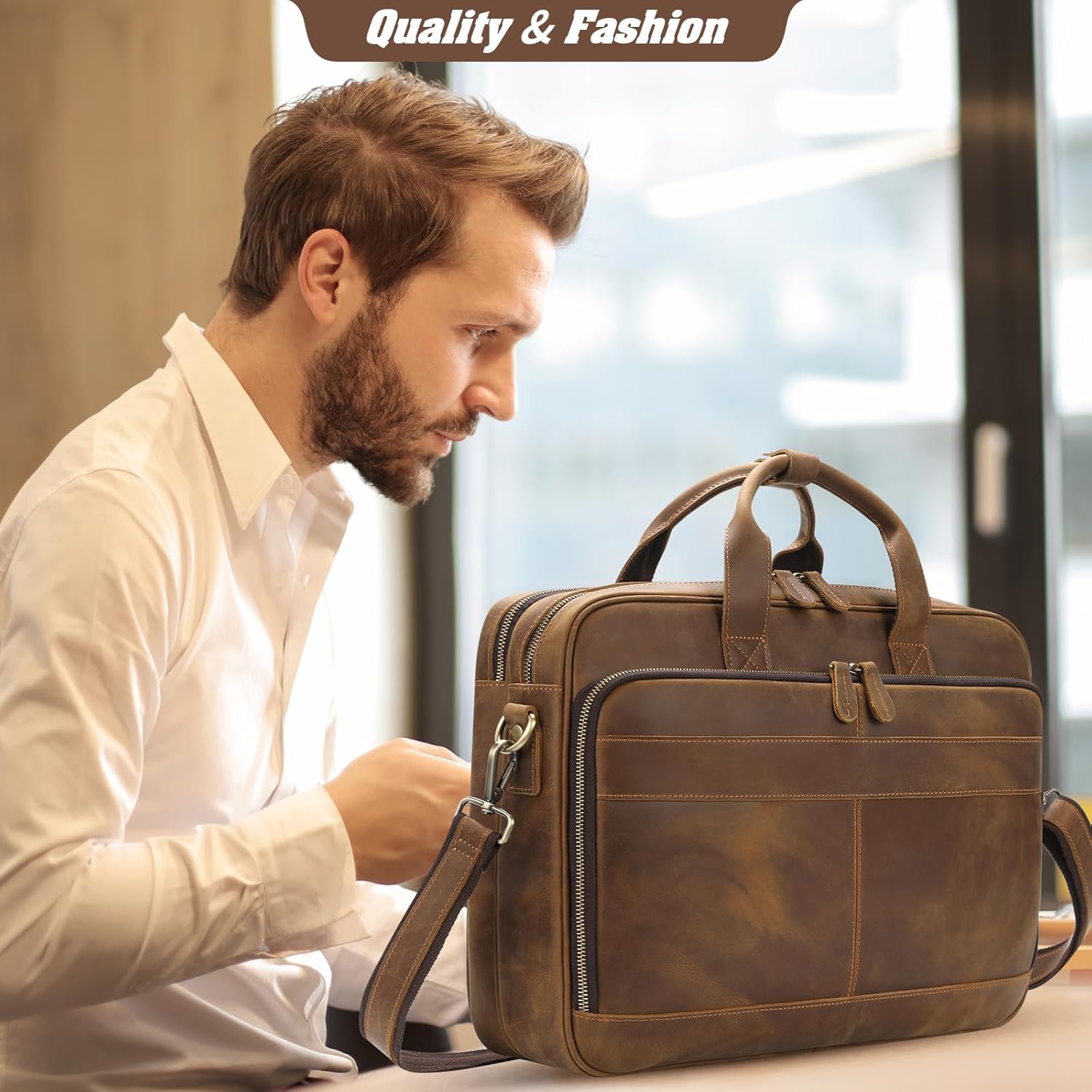 Jack&Chris Maletín de cuero para hombres, bolsas de mensajero para laptop de viaje de negocios