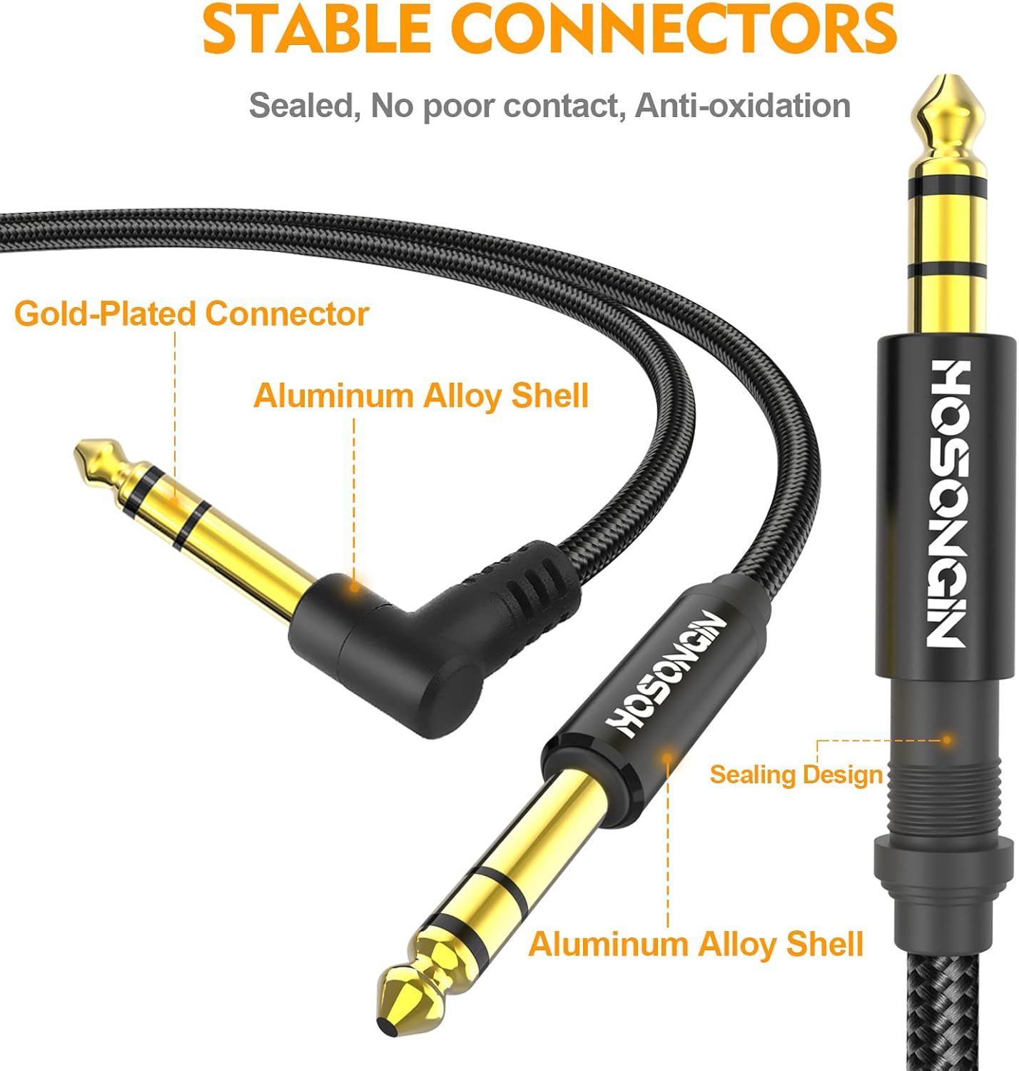 HOSONGIN Cable TRS para instrumentos de 14 de pulgada, paquete de 2 unidades de 10 pies, cable de audio estéreo macho de ángulo recto a recto de