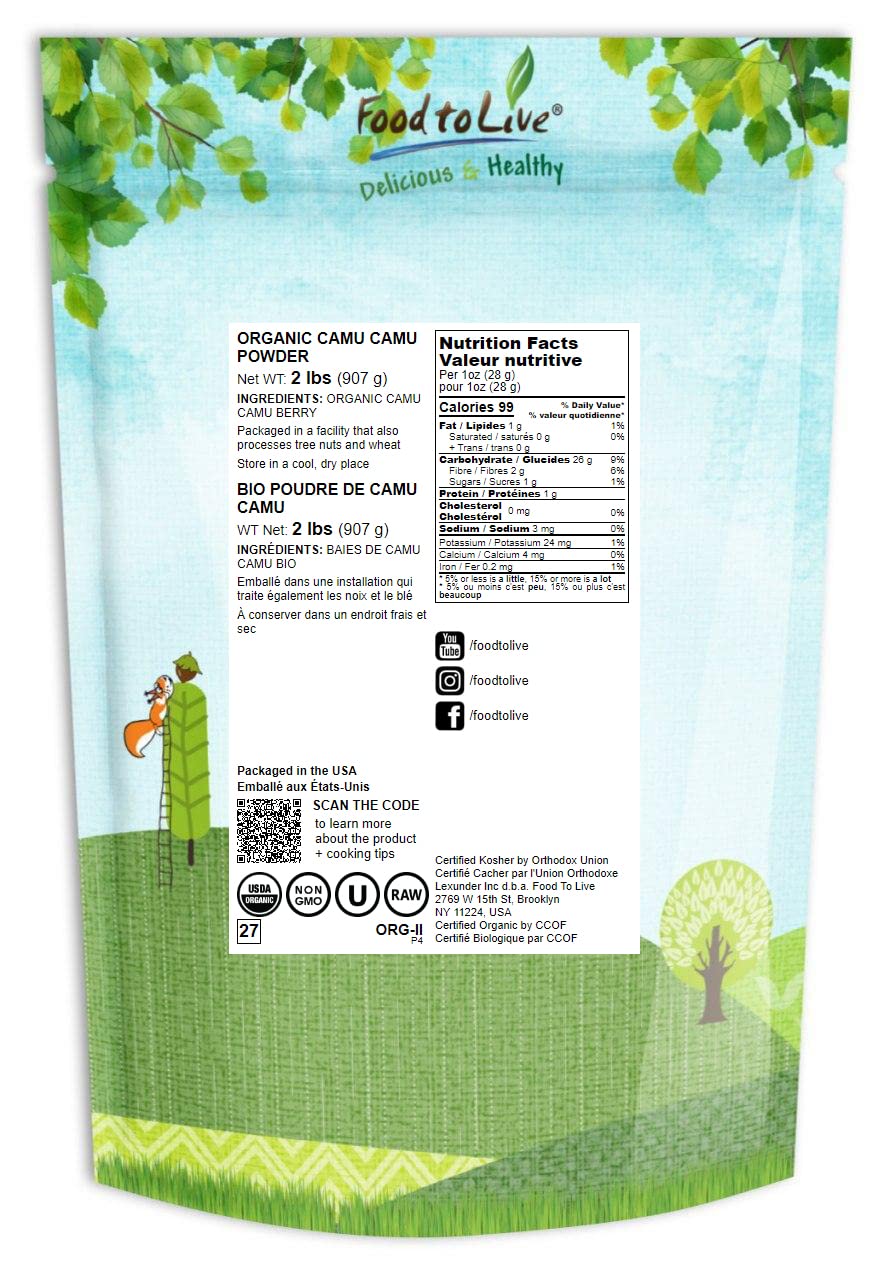 Food to Live Camu Camu Camu en polvo orgánico, 2 libras, sin OMG, Kosher, crudo, vegano, a granel, no irradiado, puro, ideal para hornear, bebidas y