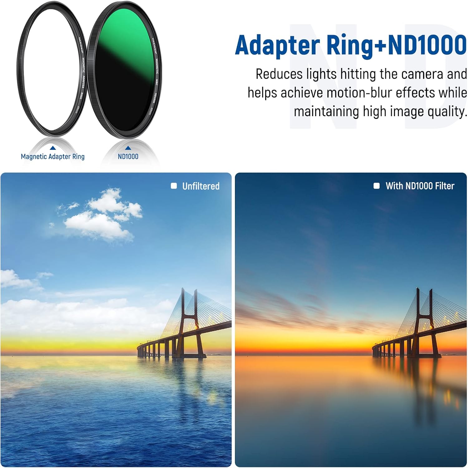 NEEWER Kit de filtro magnético 5 en 1 de 1.929in, incluye densidad neutra ND1000+MCUV+CPL+anillo adaptador+tapa de filtro con revestimiento de 42