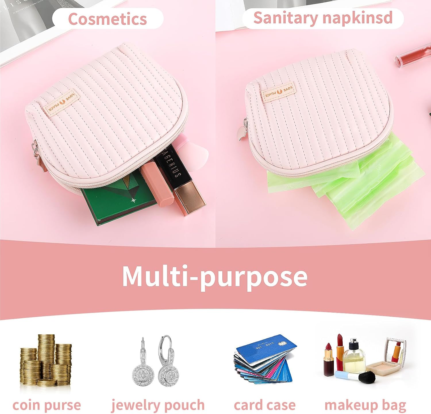 Bolsa de cuero suave, bolsa de almacenamiento de servilletas sanitarias, organizador de almohadilla menstrual portátil, bonita bolsa de maquillaje,