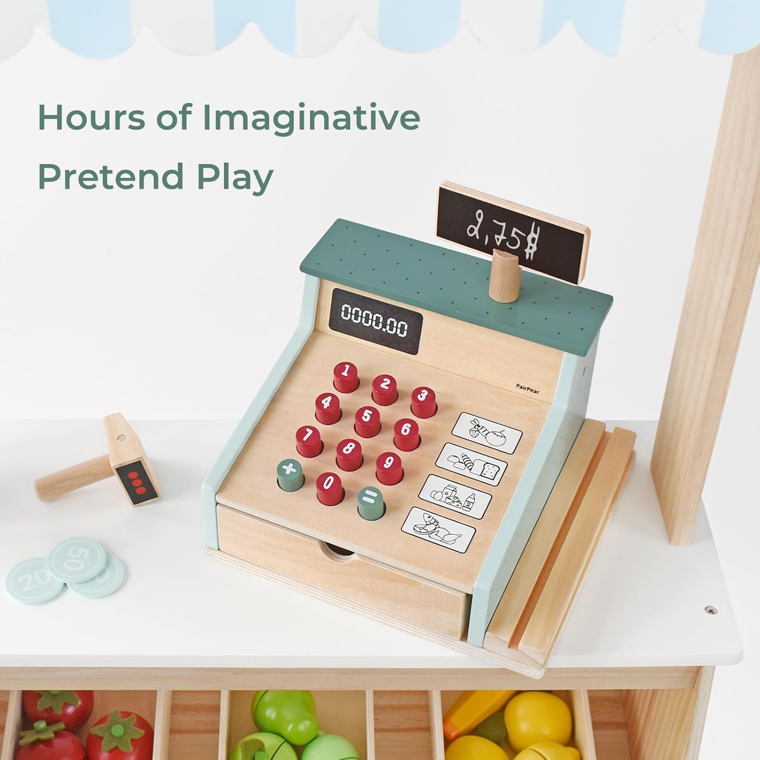 PairPear Caja registradora de juguete de madera, juguetes de conteo de dinero para niños con escáner y tarjeta de crédito, juguete de cajero para