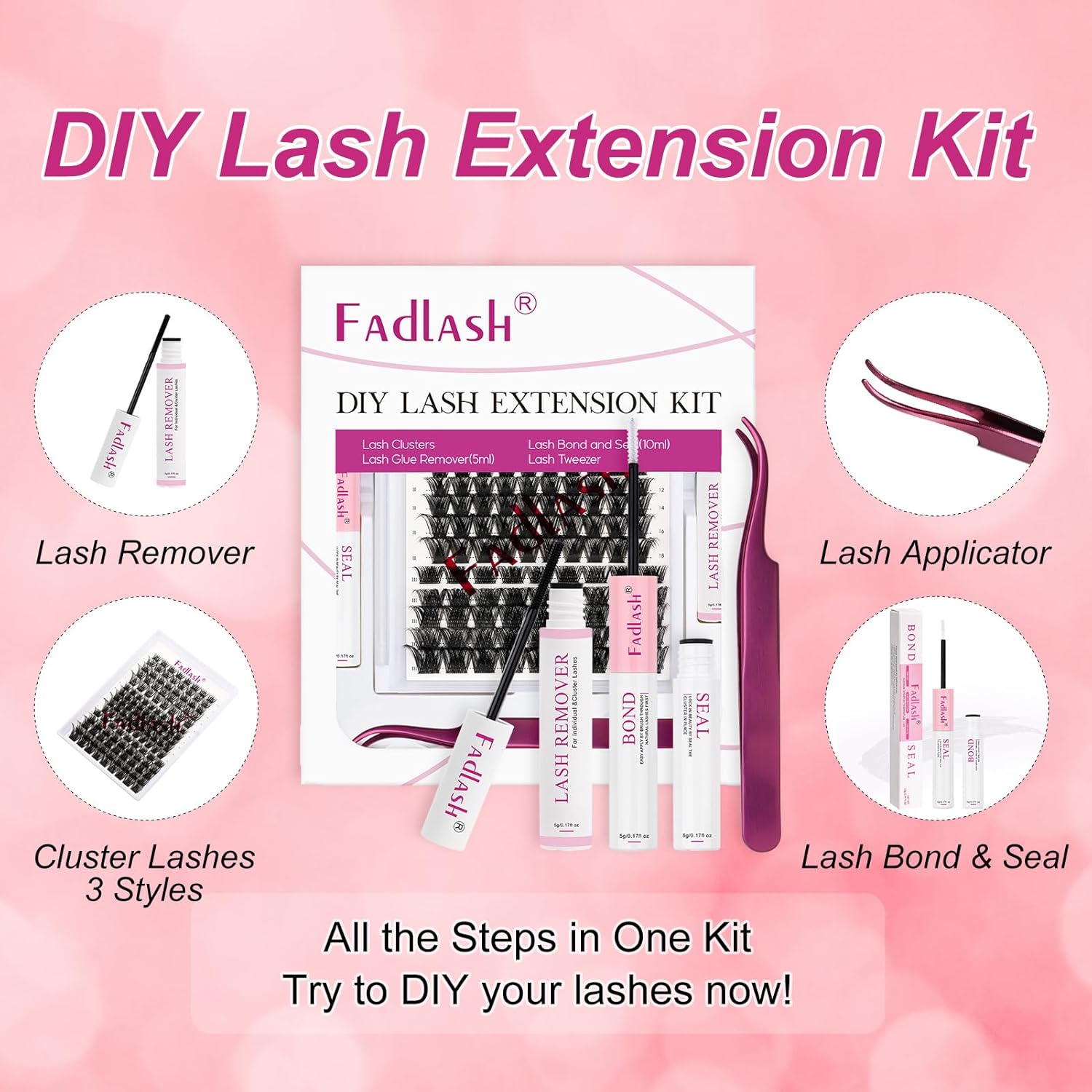 Kit de extensiones de pestañas para pegar y sellar, removedor de pegamento de pestañas con pinzas para bricolaje, kit de extensión de pestañas, kit