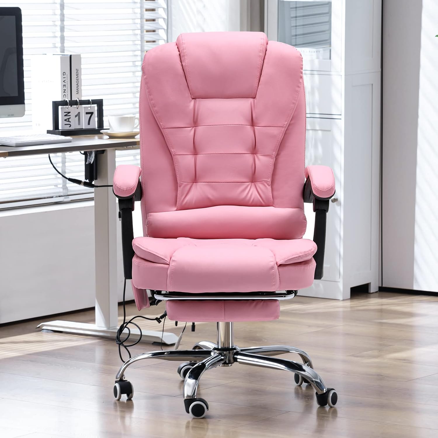 Silla de oficina de masaje, silla ejecutiva ergonómica para computadora con reposapiés, silla de oficina ejecutiva de piel sintética con reposabrazo