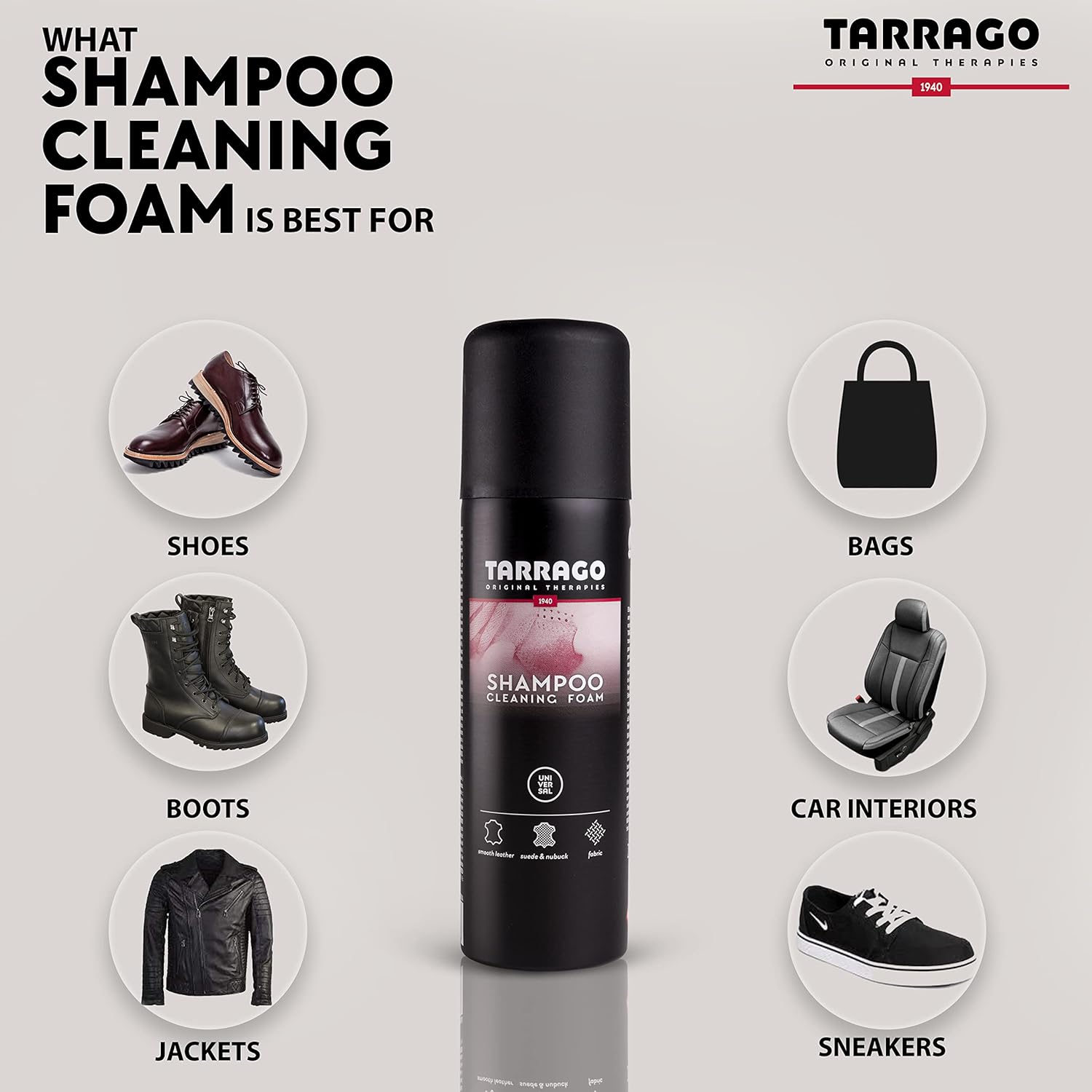 Tarrago Spray de espuma de limpieza en seco  Limpiador y suavizante universal para cuero  Incoloro  6.8 fl oz  6,76 fl.oz, Claro