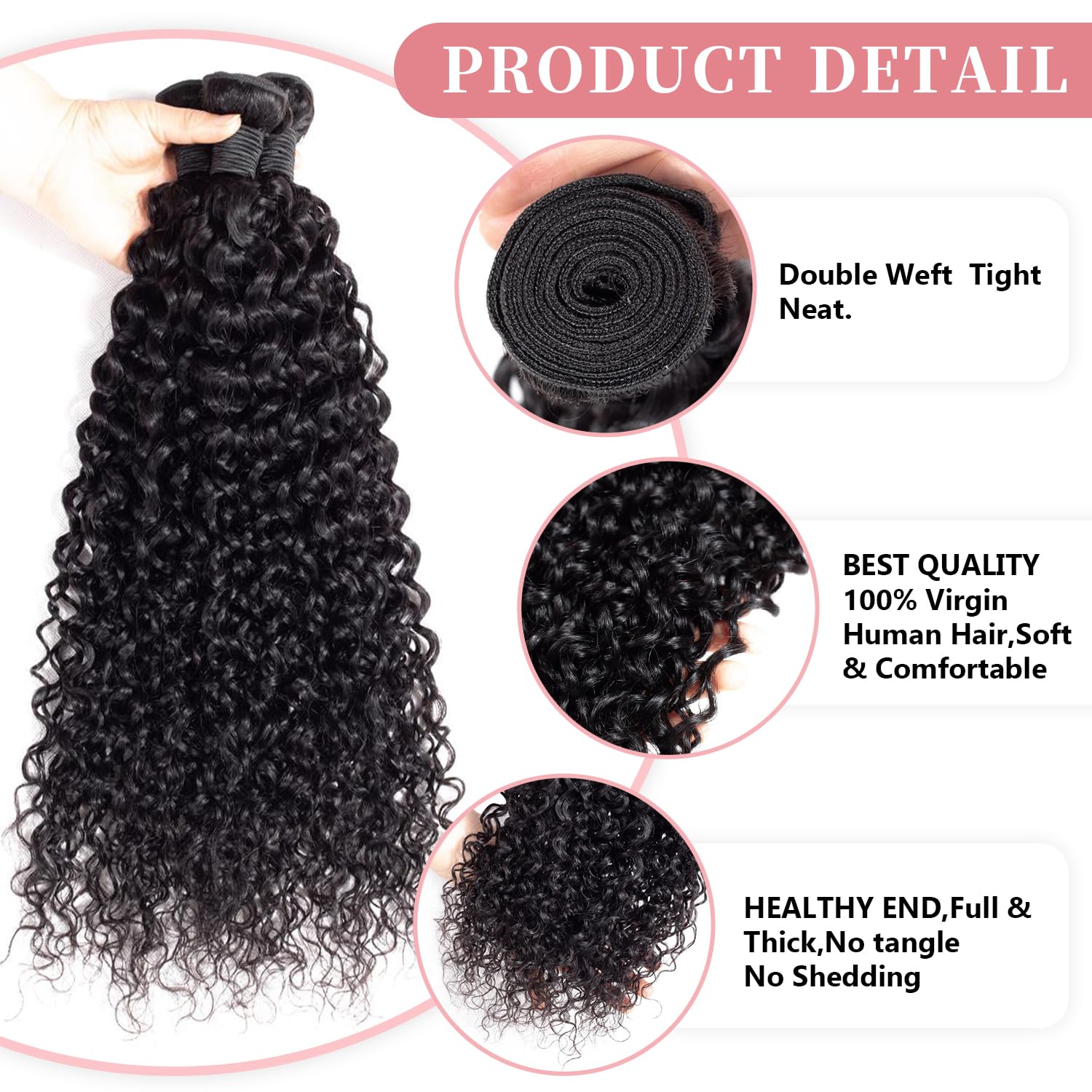 Extensiones de cabello humano virgen brasileño rizado sin procesar, 3 paquetes de cabello humano virgen grado 12A, ondulado, negro natural, 22, 24,