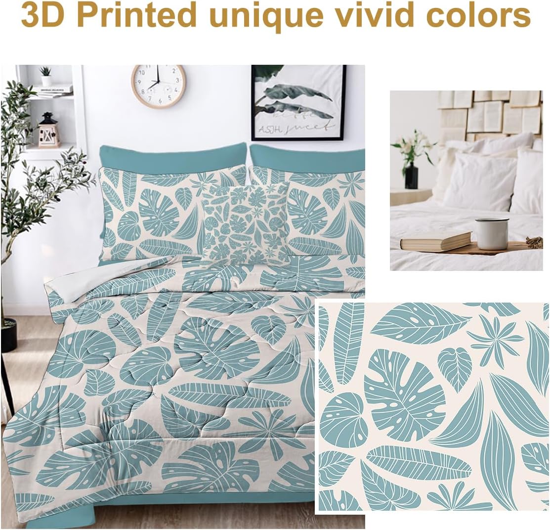 BEDMUST Juego de edredón de plantas tamaño individual, 8 piezas de cama en una bolsa, juego de ropa de cama de Monstera Azure Azure, juego de