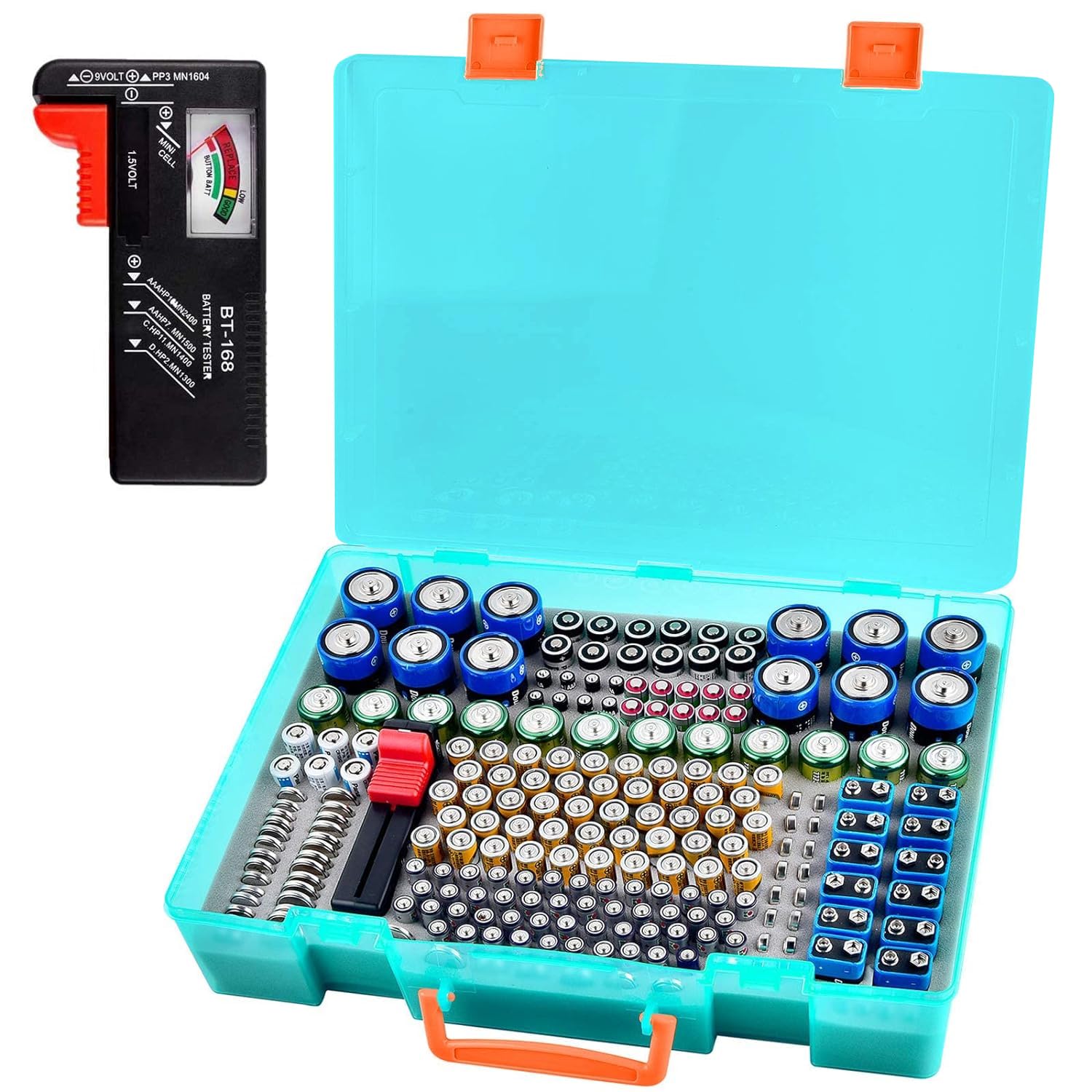 Organizador de baterías – Caja de contenedores con comprobador BT-168. Organización de garaje con capacidad para 225 baterías AA AAA C D Cell 9V 3V