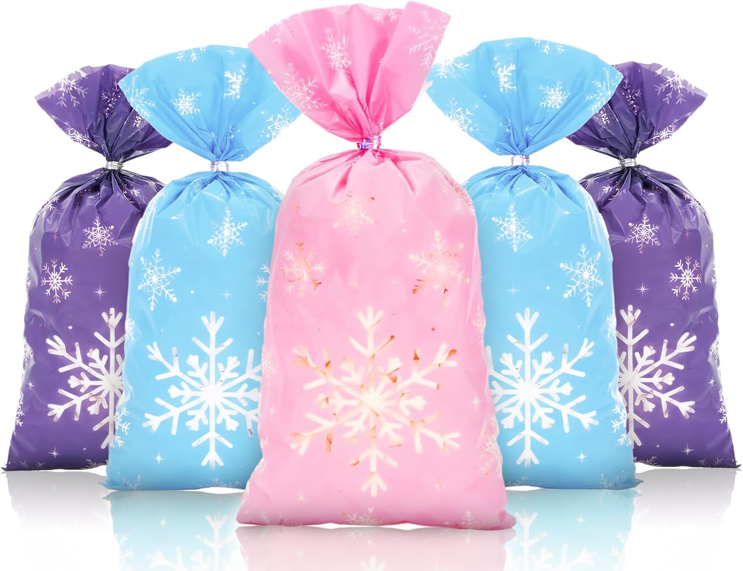 Whaline 150 bolsas de celofán de Navidad, color rosa, azul, morado, copo de nieve, caramelos, galletas, bolsas de plástico con lazos giratorios