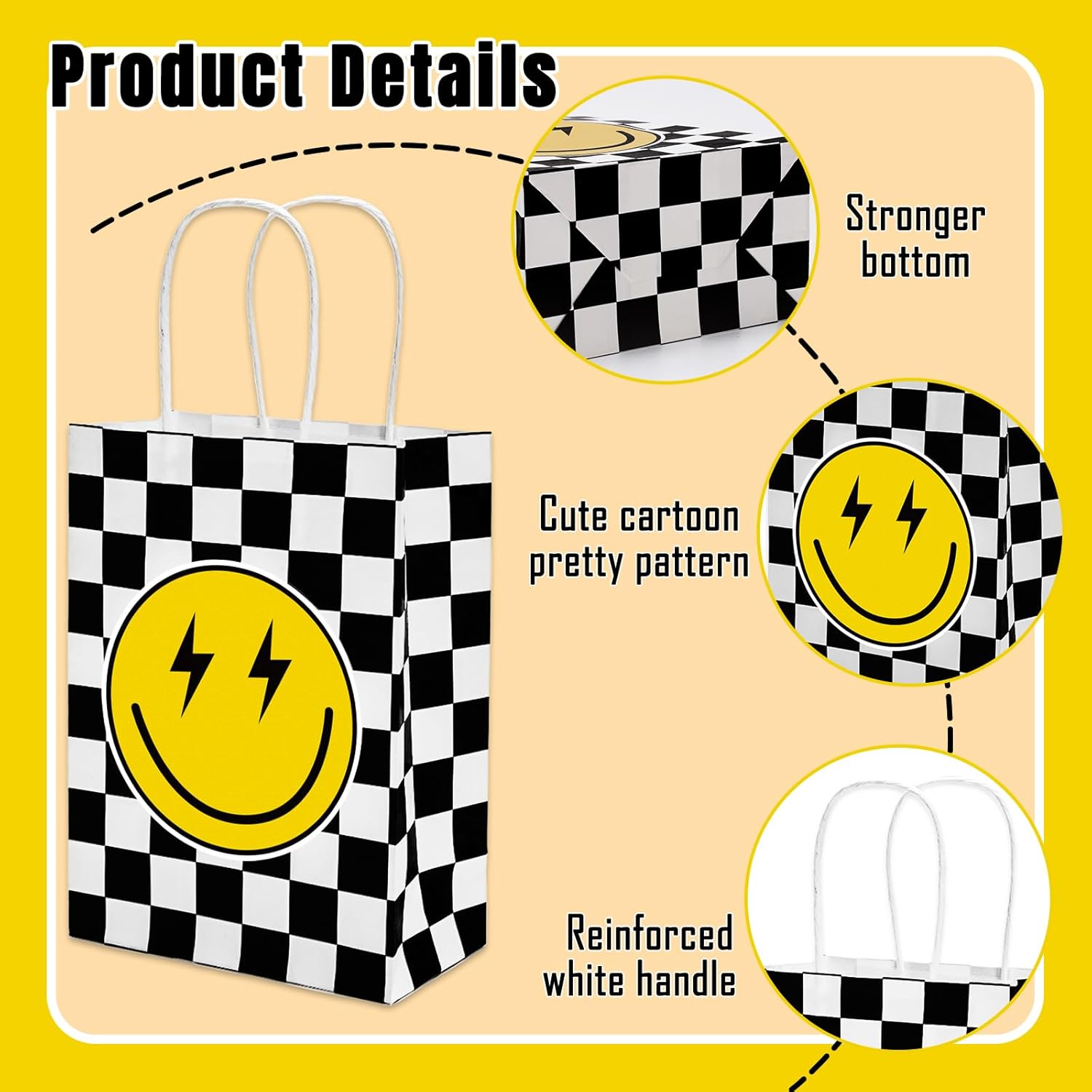 AnyDesign 16 bolsas de regalo de papel de cara sonriente con asas, bolsas de regalo de papel a cuadros a granel, bolsas de dulces para baby shower,