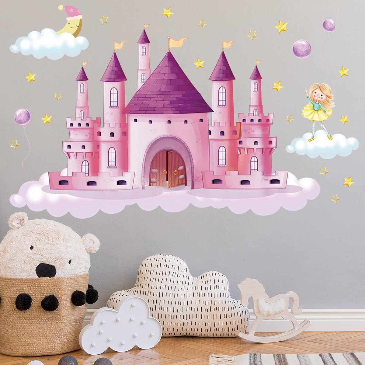 Rainbow Cloud Fairy Tale Princess Castle Wall Stickers for Kids Room Home Decor Girls Princess Bedroom Art Decorative Stickers (CB0002)