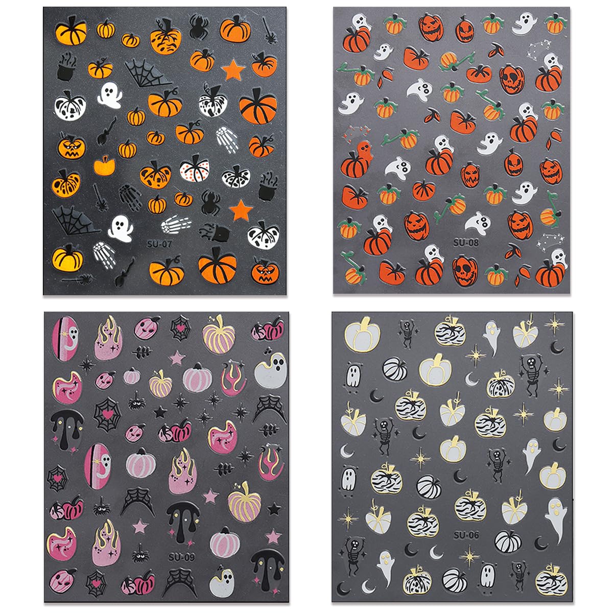 Calcomanías de uñas de Halloween, autoadhesivas 3D, diseño de calabaza rosa, diseño de araña, calavera fantasma, telaraña, gótico, Halloween, uñas