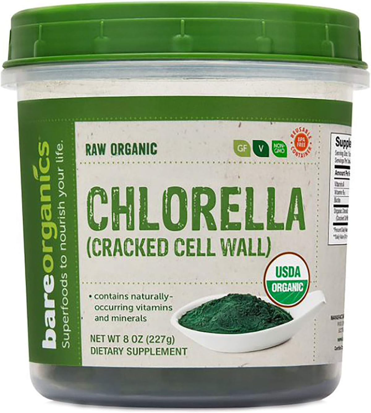 BareOrganics 12522 USDA Polvo orgánico de Chlorella, superalimento en polvo, suplemento dietético, 8 onzas
