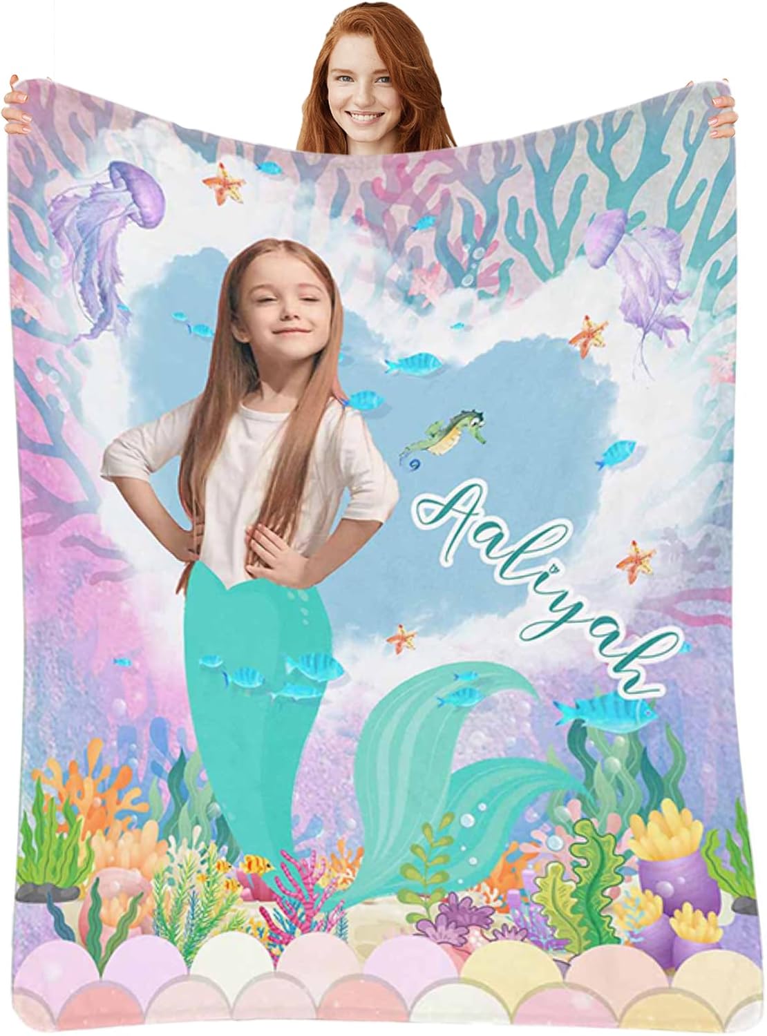 Manta personalizada de sirena para niñas pequeñas, manta personalizada para niños con foto y nombre, manta personalizada de sirena para niños recién