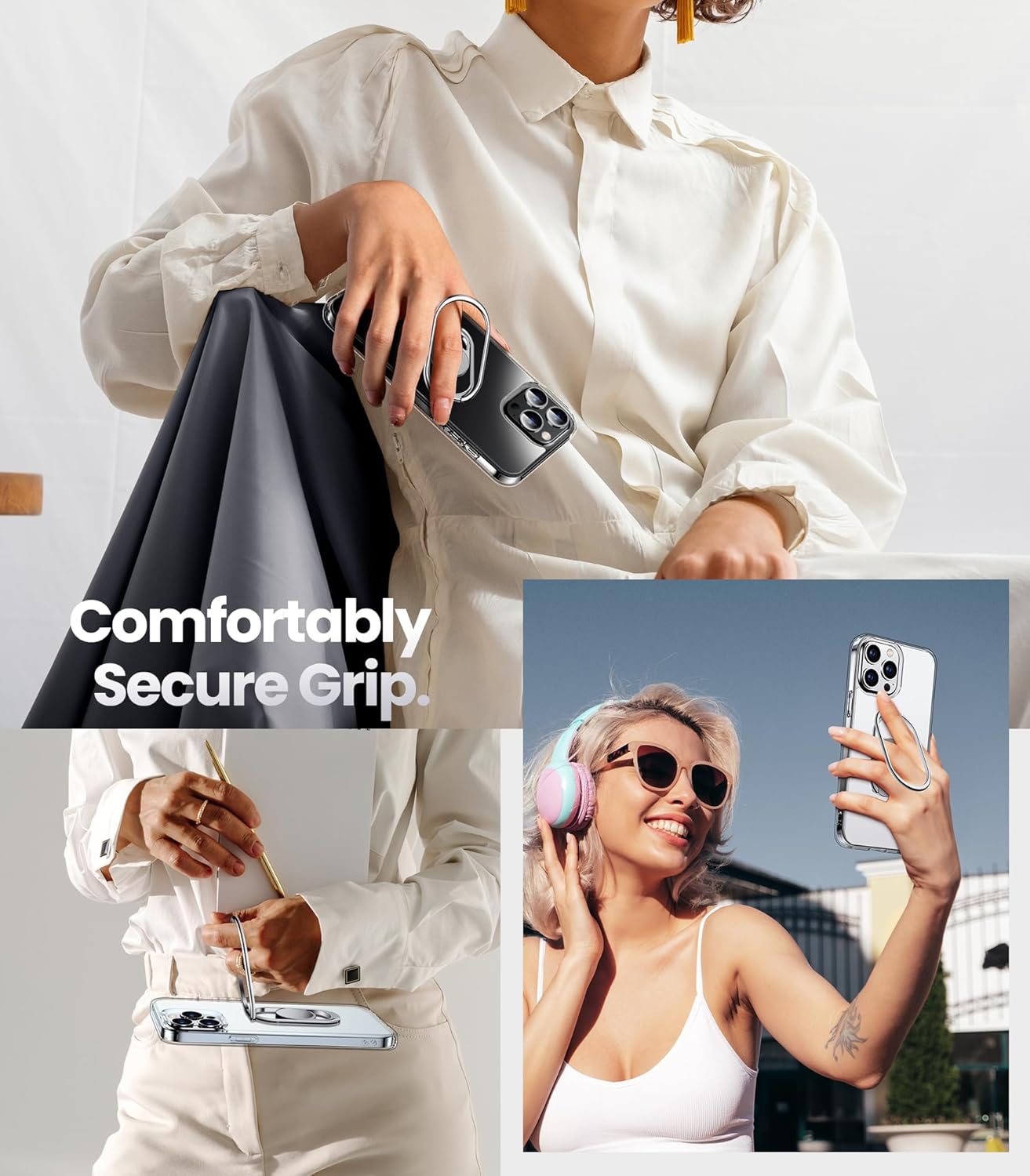 Shields Up Funda para iPhone 15 Pro Max con soporte, funda transparente con soporte de doble anillo ajustable y plegable a prueba de golpes para