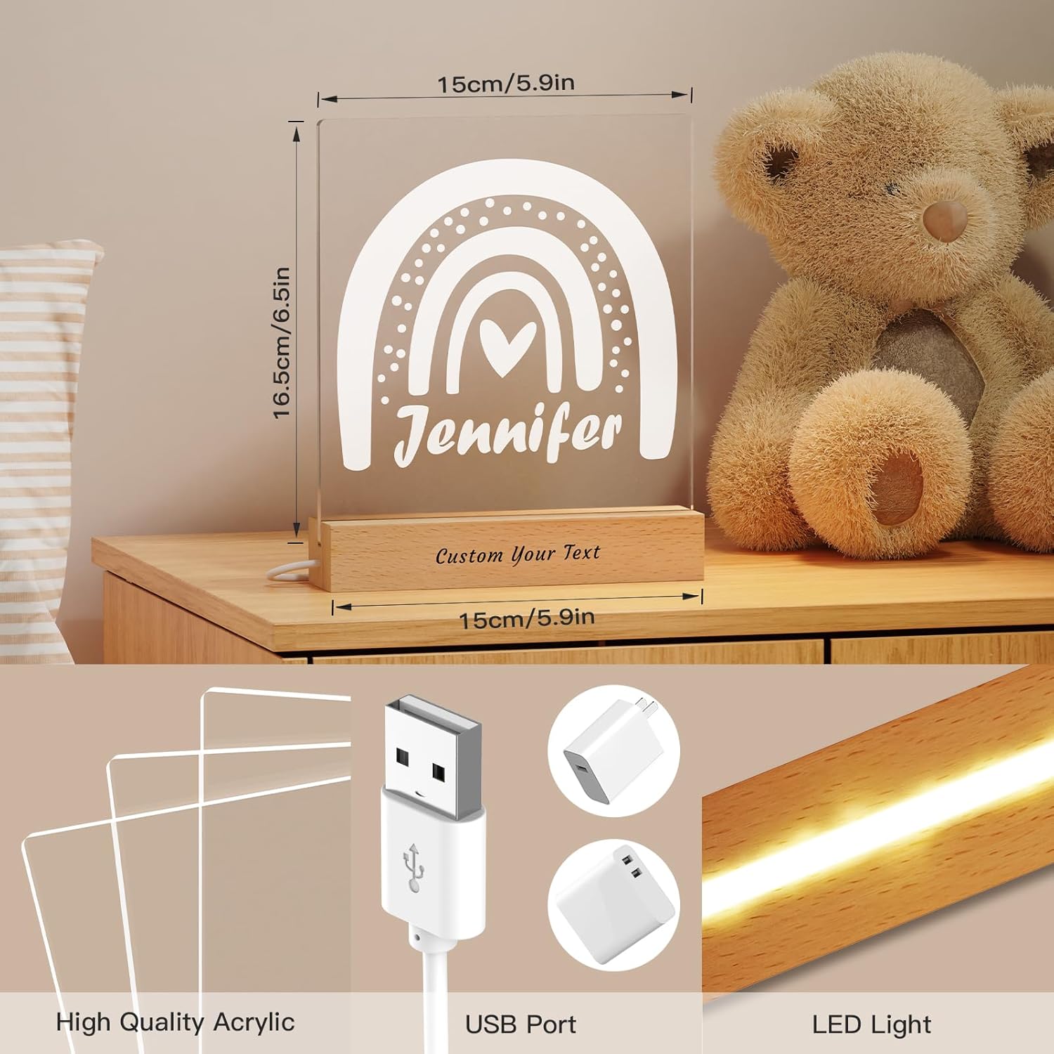 Luz nocturna personalizada, nombre y fecha personalizados, regalos personalizados para niños, regalos personalizados para bebés, niñas y niños,