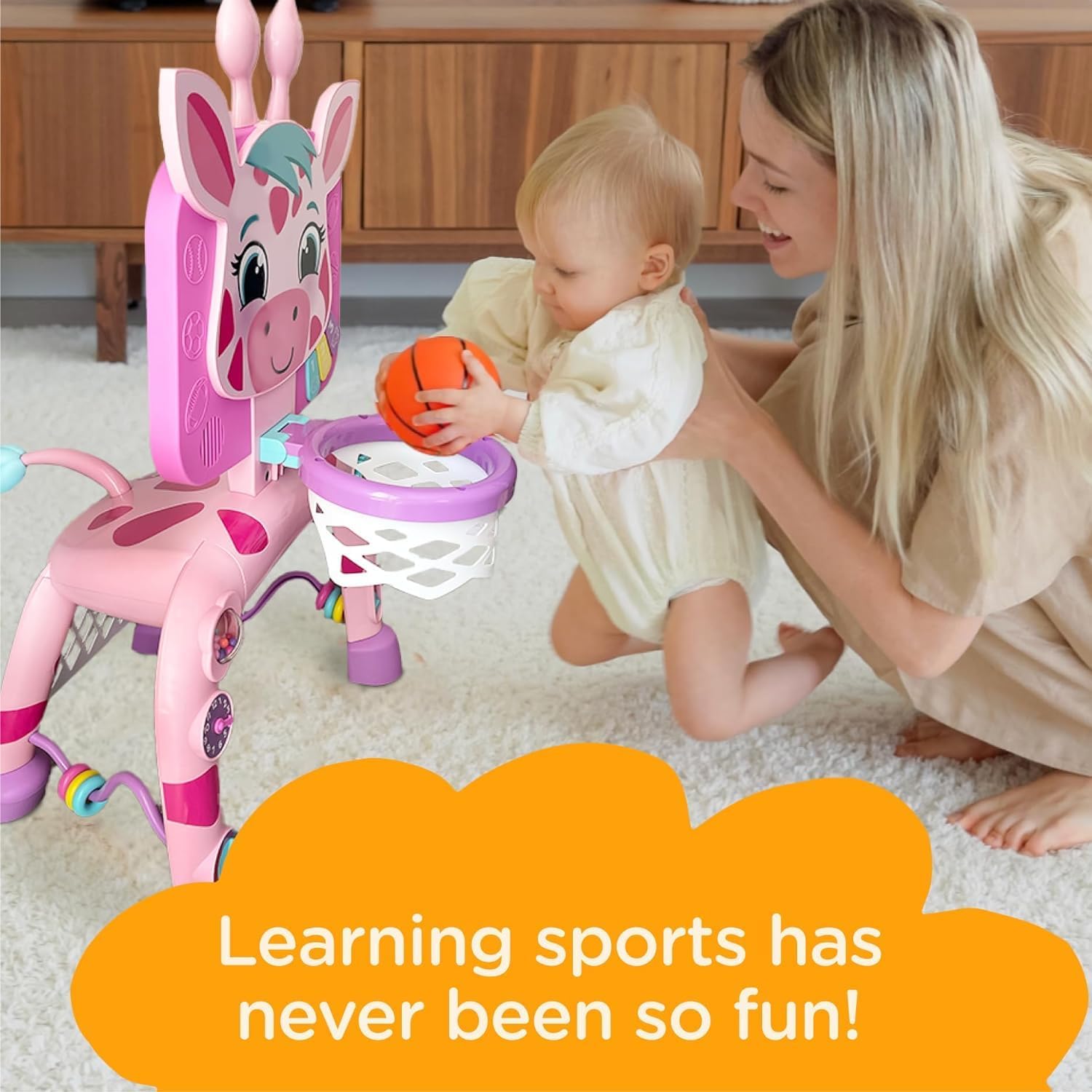 Move2Play, Giraffe Basketball Hoop & Soccer Goal Activity Center  30+ Sounds & Songs + 5 Lights  1 2 3 Year Old Birthday Gift for Boys and Girls