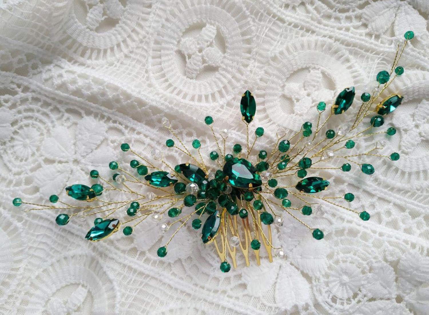 Peine para el cabello de cristal verde esmeralda para mujer, accesorio para el cabello de boda, pieza de pelo con diamantes de imitación, regalo
