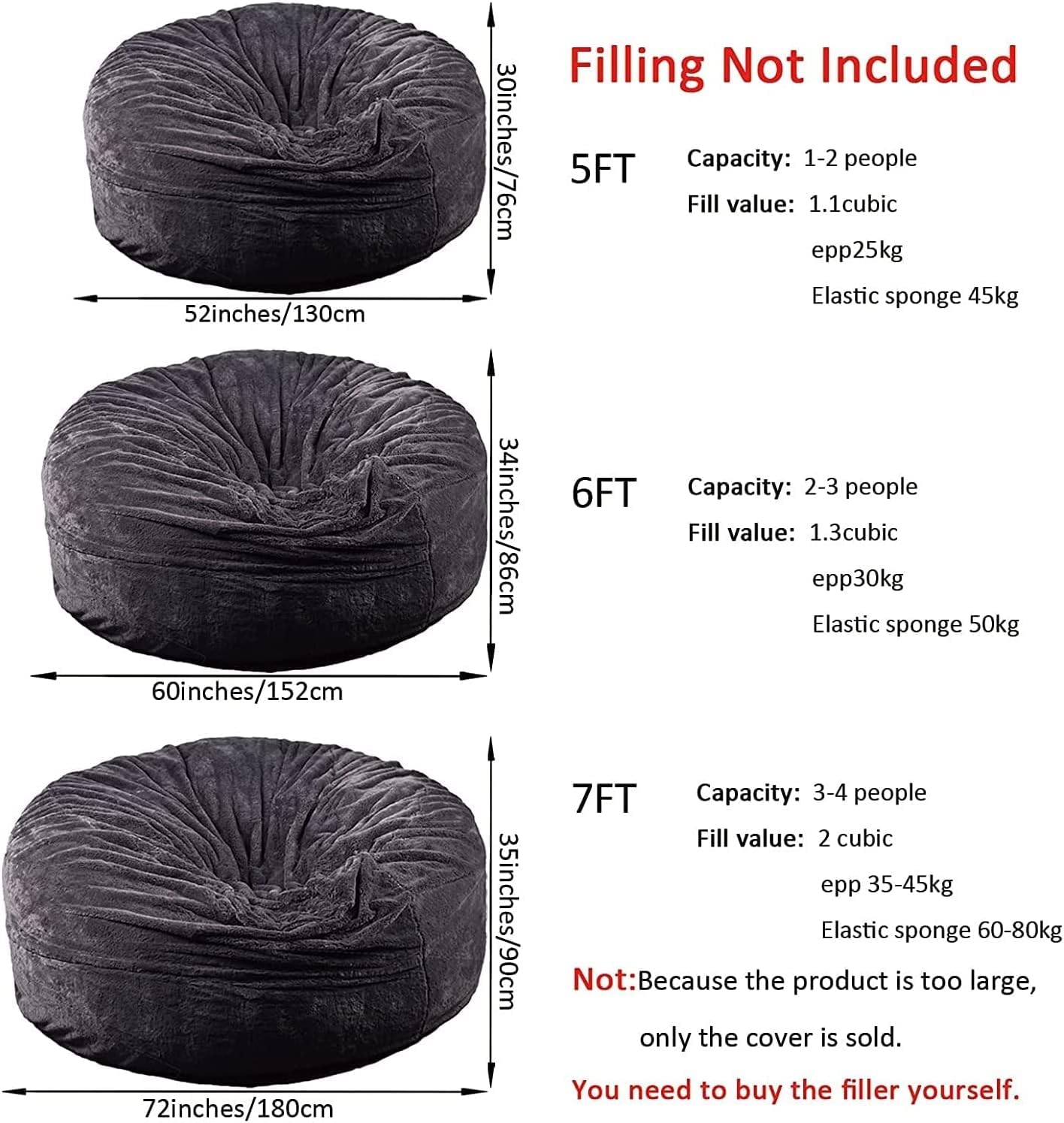 Funda para silla tipo puf de piel gigante para niños y adultos, (sin relleno), muebles de sala de estar, grande, redondo, suave, esponjoso, de piel