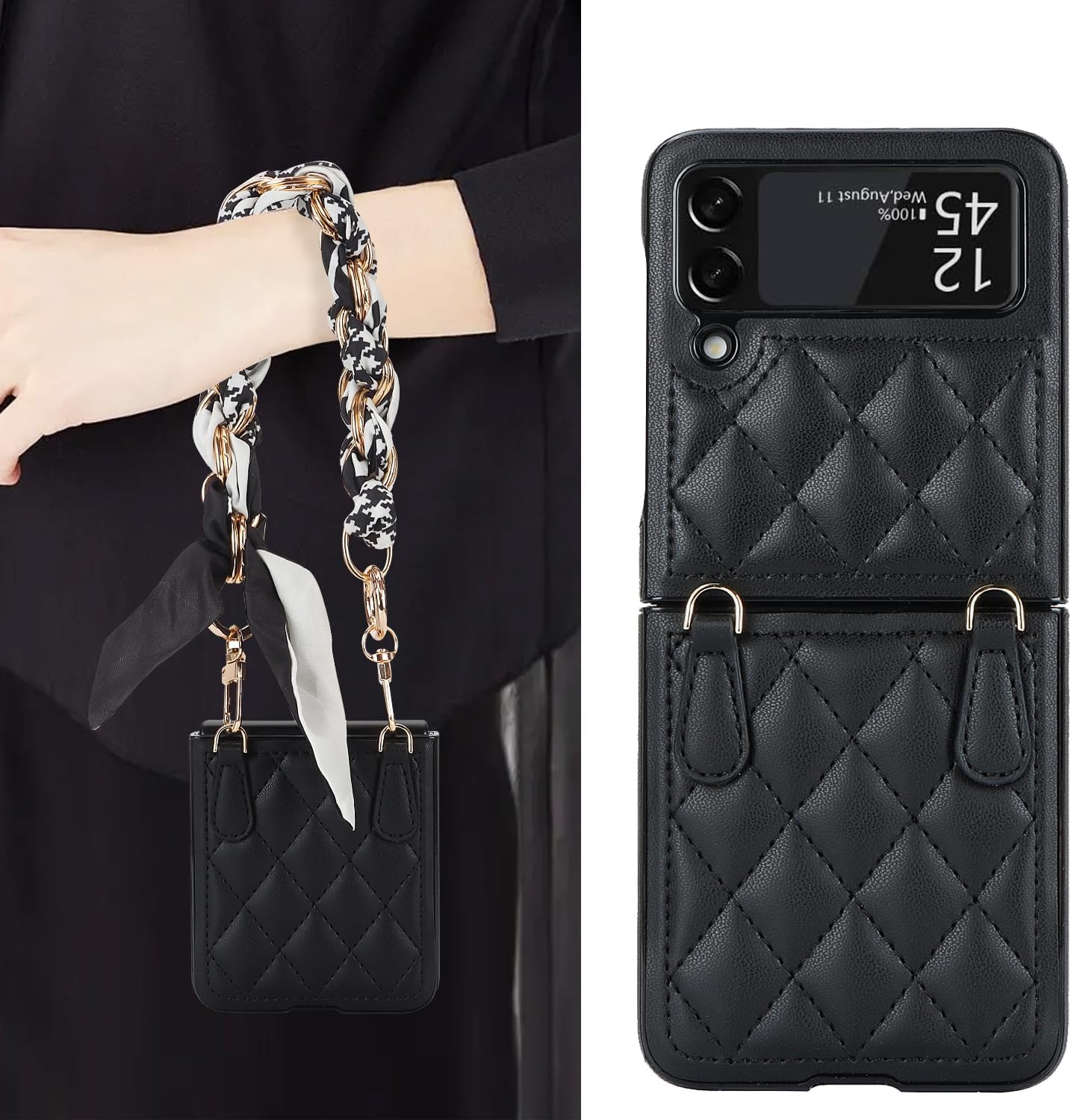Asuwish Funda de teléfono para Samsung Galaxy Z Flip 3 5G 2021 con correa para la muñeca con cordón, delgada, de piel sintética, a prueba de golpes,