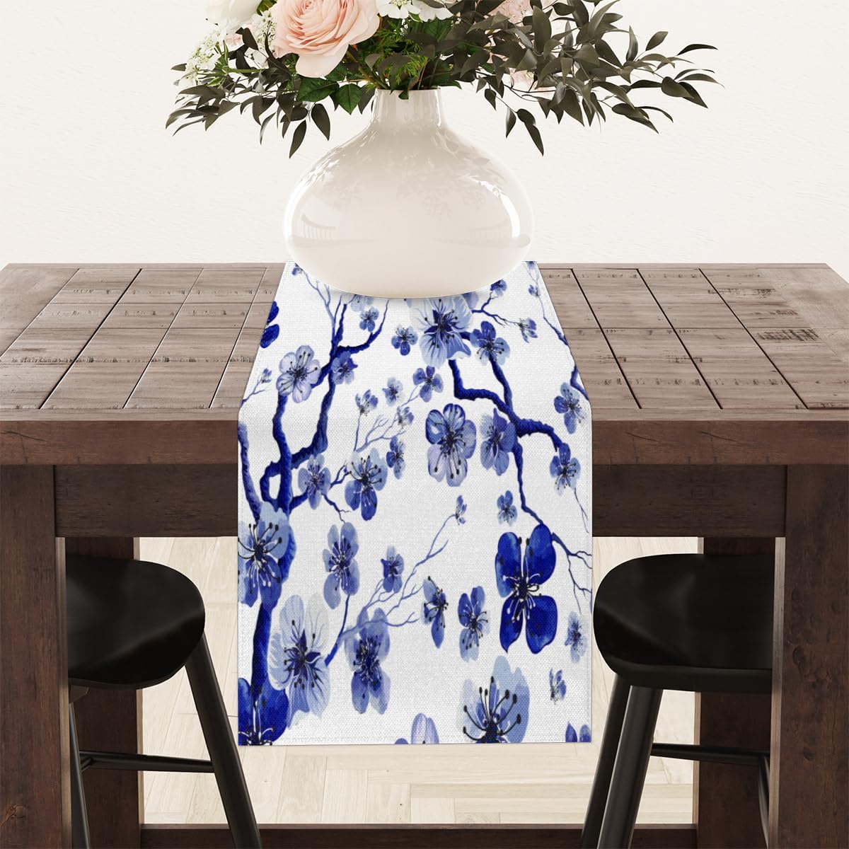 Table Runner Watercolor Peach Blossom, Rustic Linen Table Cloth for Farmhouse Kitchen, Dinner, Events, Party, Holiday Table Decor 13 x 60 Inches