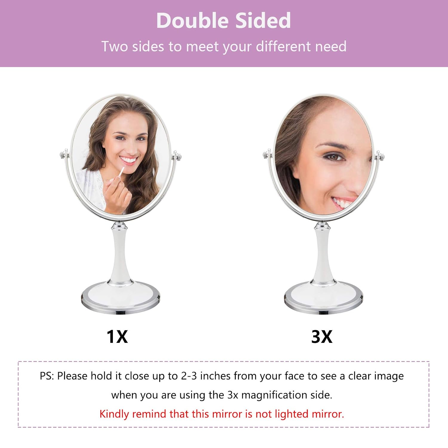 PINKZIO Maquillaje de mesa portátil de dos caras 1X y 3X aumento ligero espejo de tocador con giro de 360 grados, plástico ABS, blanco