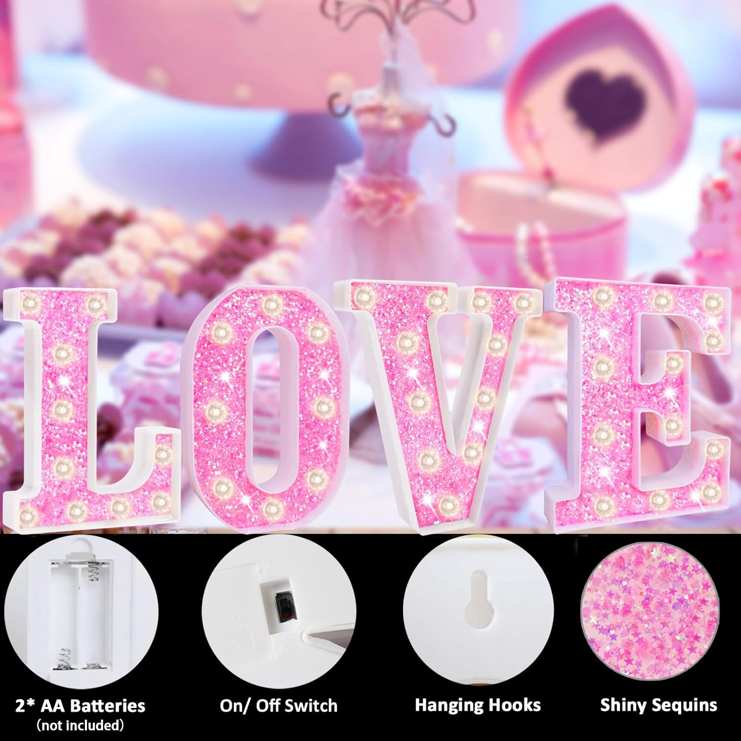 Letras con luces LED de marquesina, letras rosas iluminadas con purpurina, letras del alfabeto con bombilla de diamante para luz nocturna,