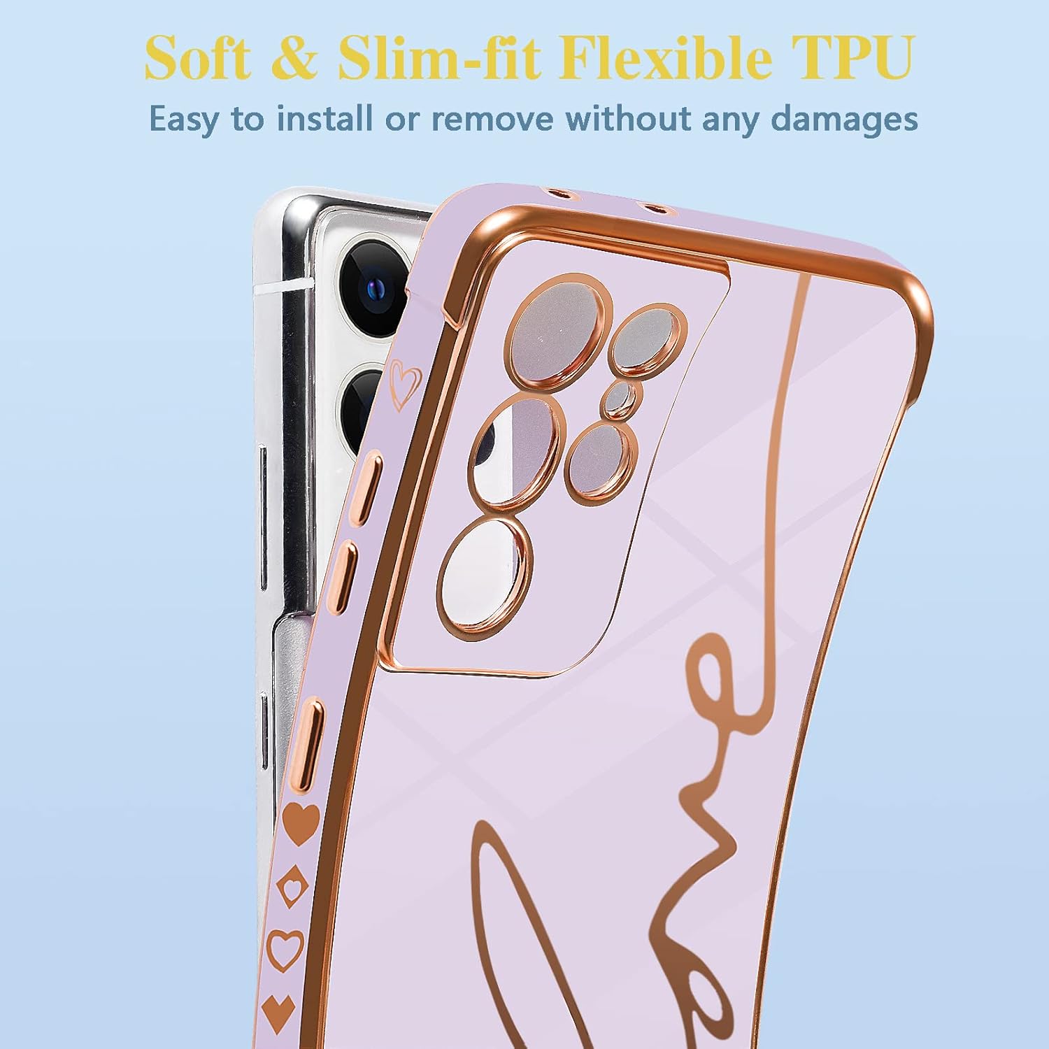 Funda compatible con Samsung Galaxy S21 Ultra 5G de 6.8 pulgadas con bonito corazón de amor lateral y patrón de letras de amor chapado para mujeres