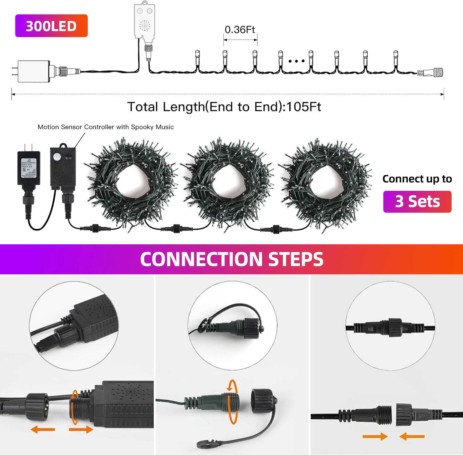 XTF2015 Luces de Halloween, 105 pies, 300 luces LED de Halloween con controlador de sensor de movimiento de música espeluznante, impermeable, luces