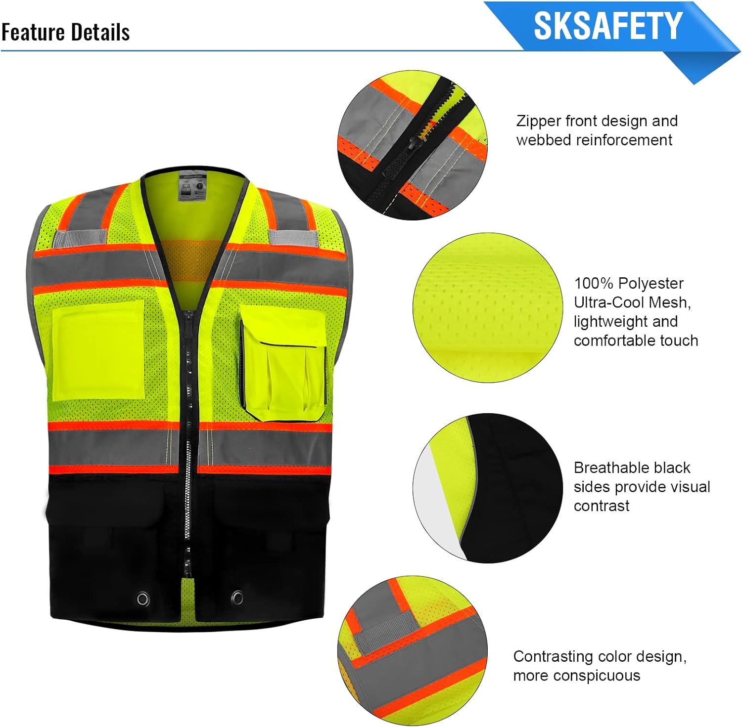 SKSAFETY Chaleco de seguridad de nivel profesional de 10 bolsillos, seguridad de alta visibilidad clase 2 con cremallera, Hi Vis con tiras