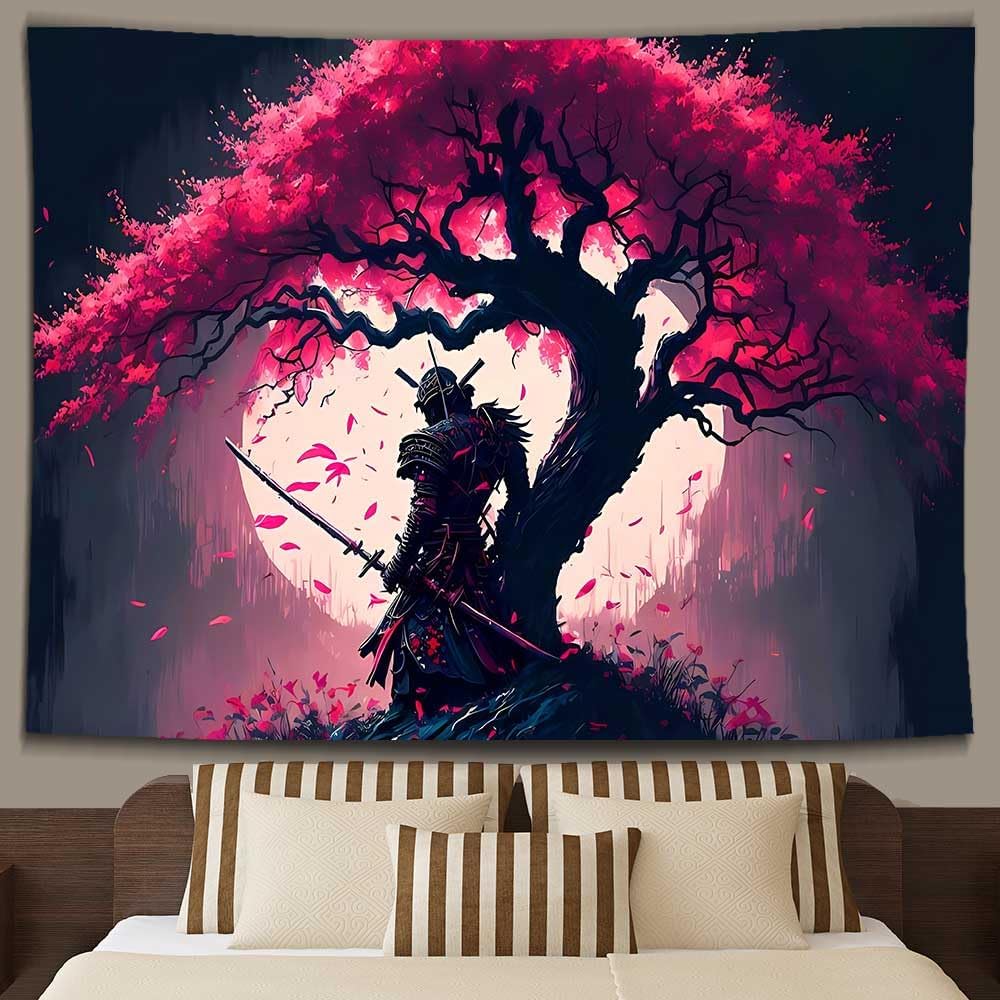 Ine Ive Tapiz samurái japonés para dormitorio, estética de luna llena, cerezo, árbol, guerrero, asiático oriental, tapiz de pared, 80 x 60 pulgadas,