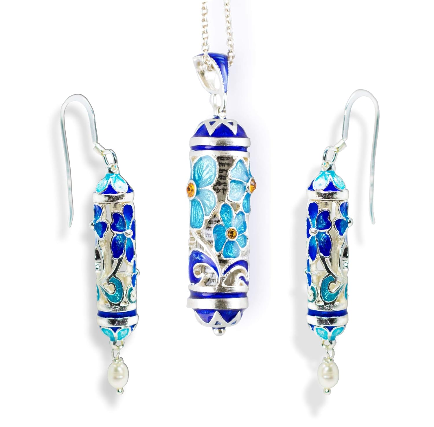 925 Sterling Silver Flower Earrings Freshwater Pearls Jewelry for Women Blue Enamel Long Earrings on Hook