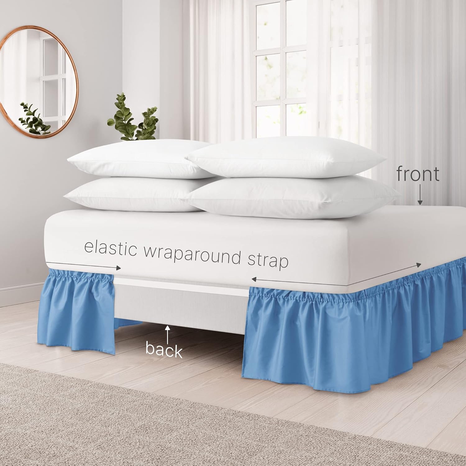 CGK Linens – Falda de cama envolvente con volantes, color azul mezclilla, para camas de tamaño matrimonial con caída de 18 pulgadas, correa elástica