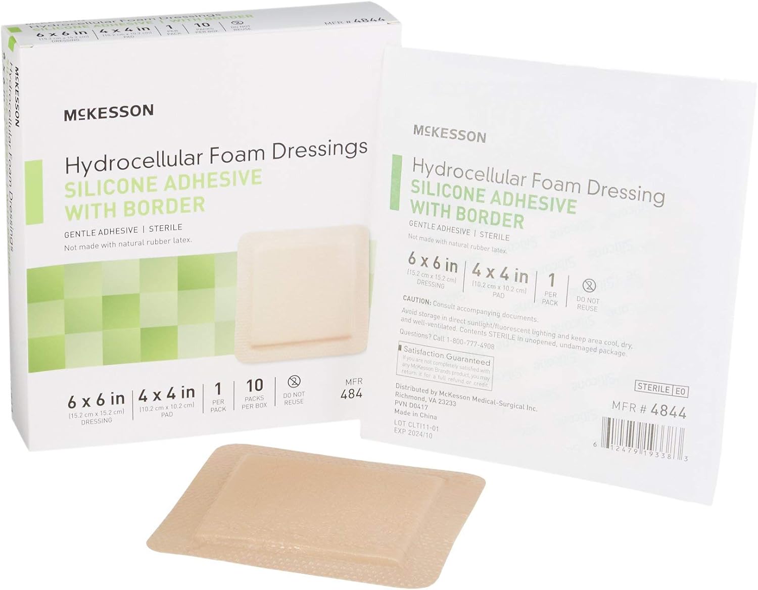 McKesson Apósitos de espuma hidrocelular, estéril, adhesivo de silicona con borde, dimensión 6 x 6 pulgadas, almohadilla de 4 x 4 pulgadas, 10