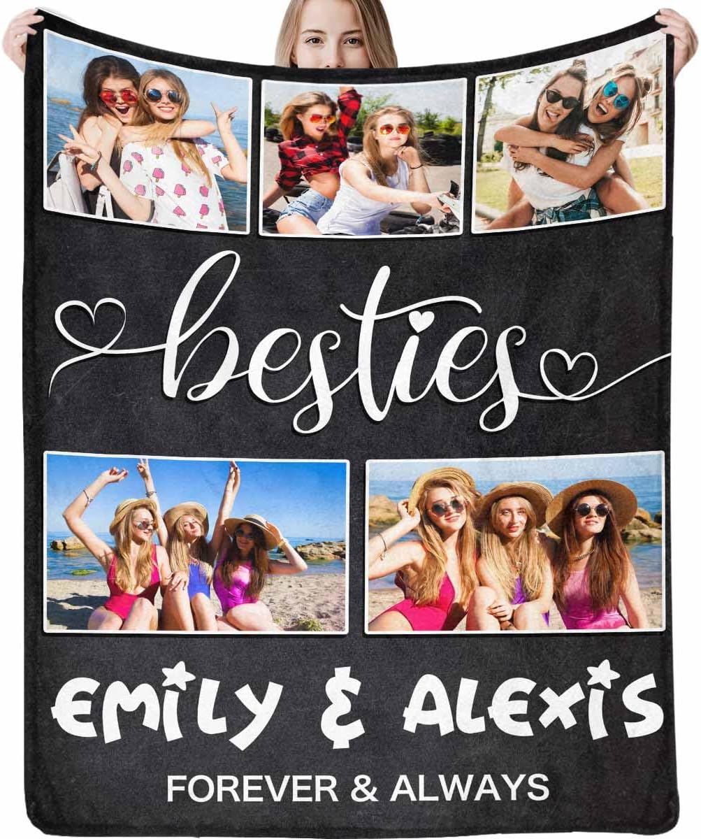Manta personalizada con fotos de mejor amiga para hermana, 5 fotos, color negro, manta personalizada para mejores hermanas, para regalos de