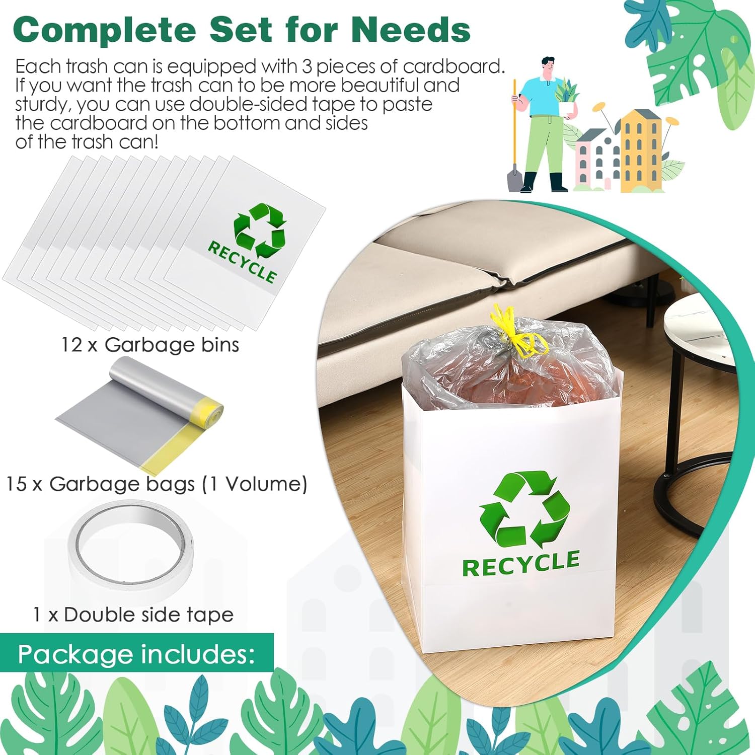 Tioncy – 12 botes de basura desechables de 13 galones con bolsa de basura, contenedores de reciclaje de cinta de doble cara, contenedores de basura