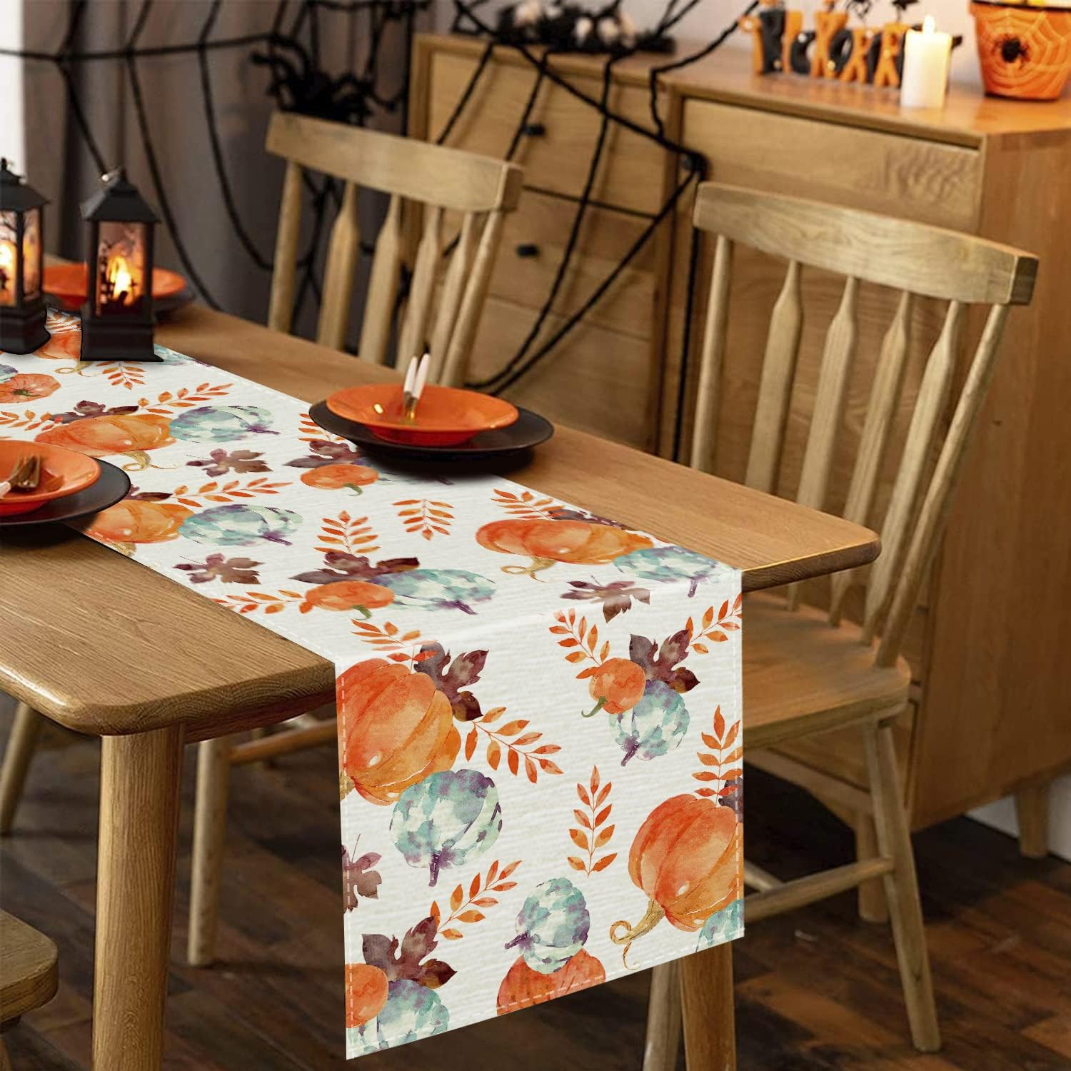 Camino de mesa de otoño, acuarela, calabaza, cosecha de otoño, Acción de Gracias, caminos de mesa de vacaciones, comedor, cocina, decoración de