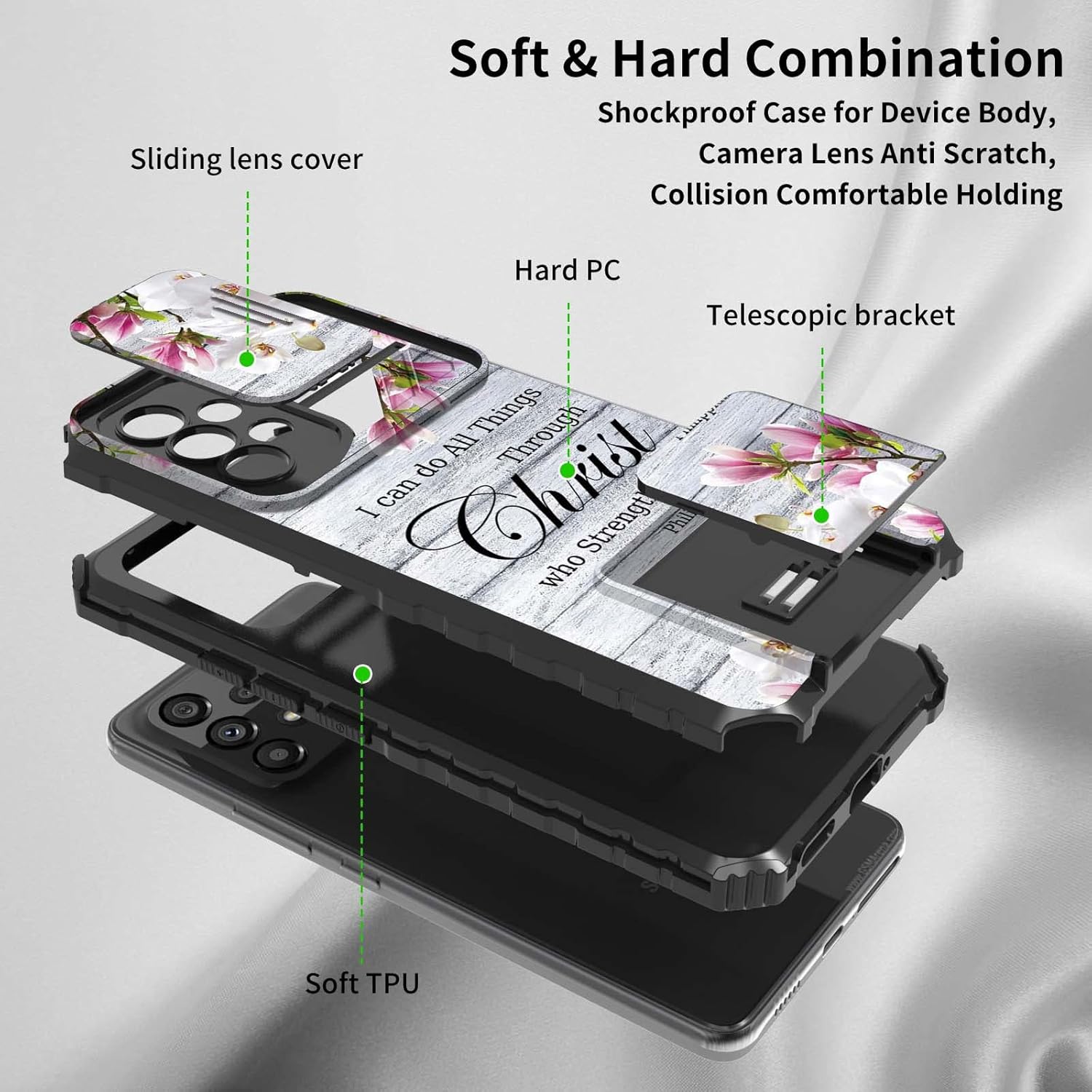 Rossy Funda para Samsung A53 5G, Galaxy A53 5G con funda para cámara deslizante con soporte integrado, soporte de doble capa, híbrida a prueba de