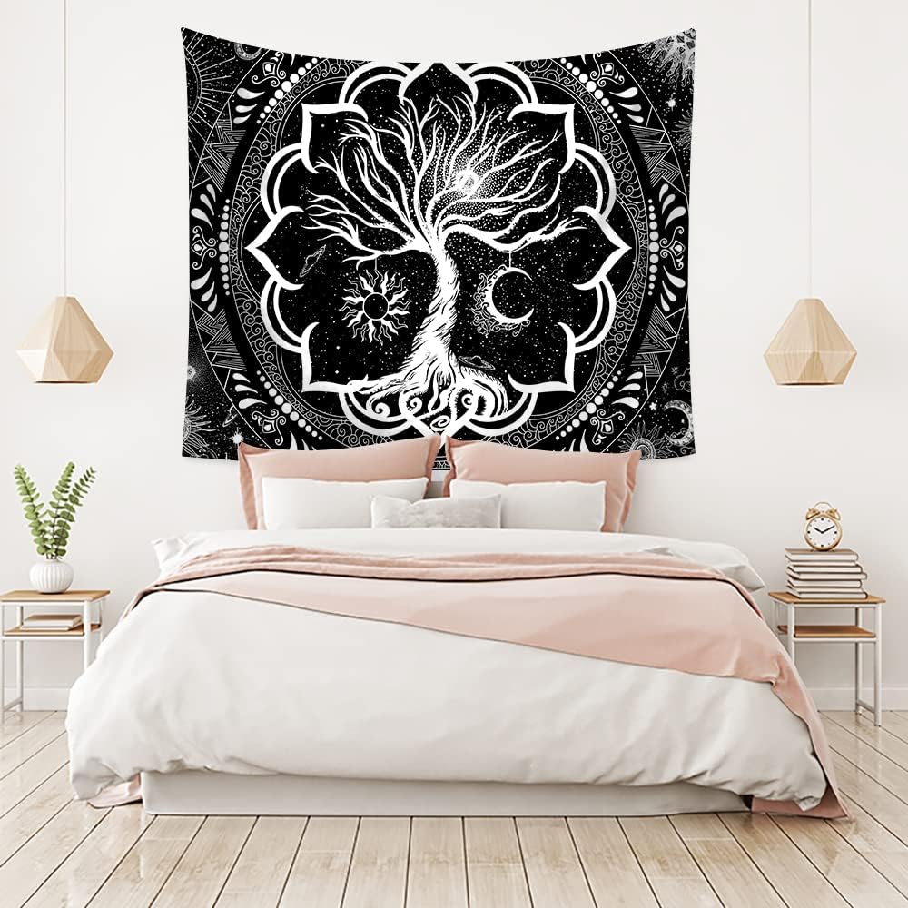 ARTHMOM Tapiz de árbol de la vida para dormitorio, estética de dormitorio, tapiz bohemio en blanco y negro, tapiz trippy de sol y luna con espacio