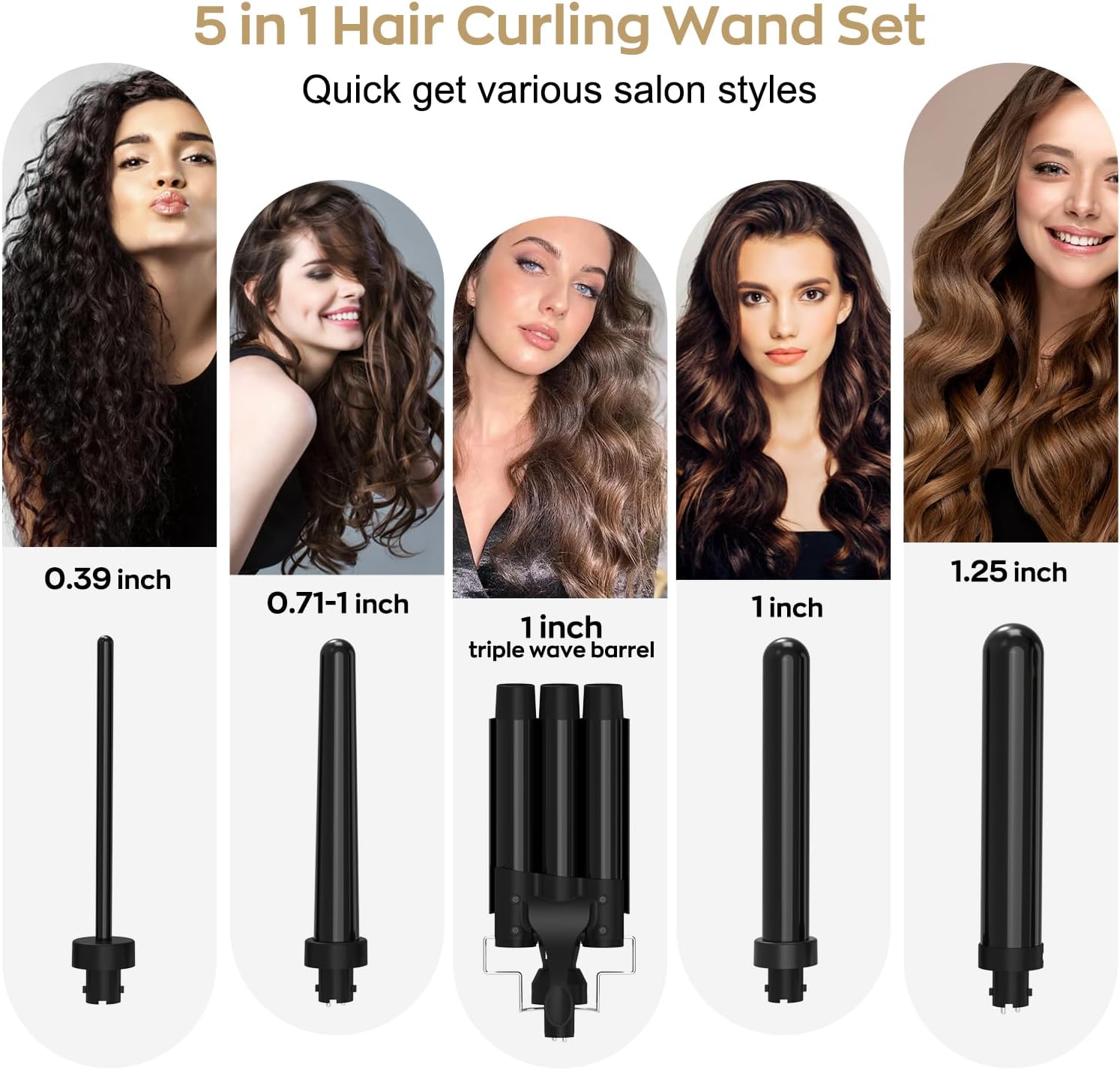 janelove – Rizador de pelo 5 en 1, rizador de pelo de 3 barriles y 4 rizadores de cerámica intercambiables (0.39 a 1.25 pulgadas), rizador de pelo