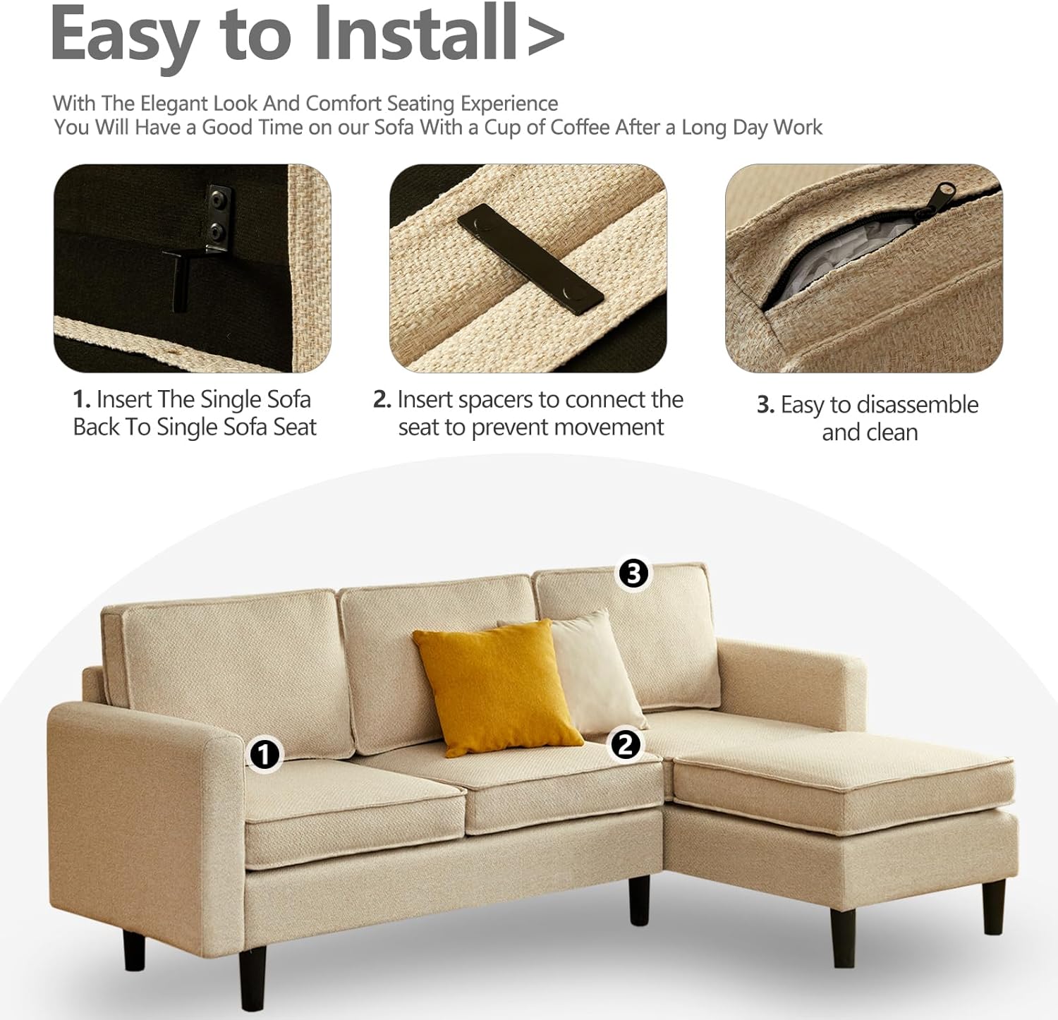 Cpintltr Sofá en forma de L, sofá futón de lino de 3 asientos, sofá cama convertible con patas de madera cónicas, sofás modernos de mediados de