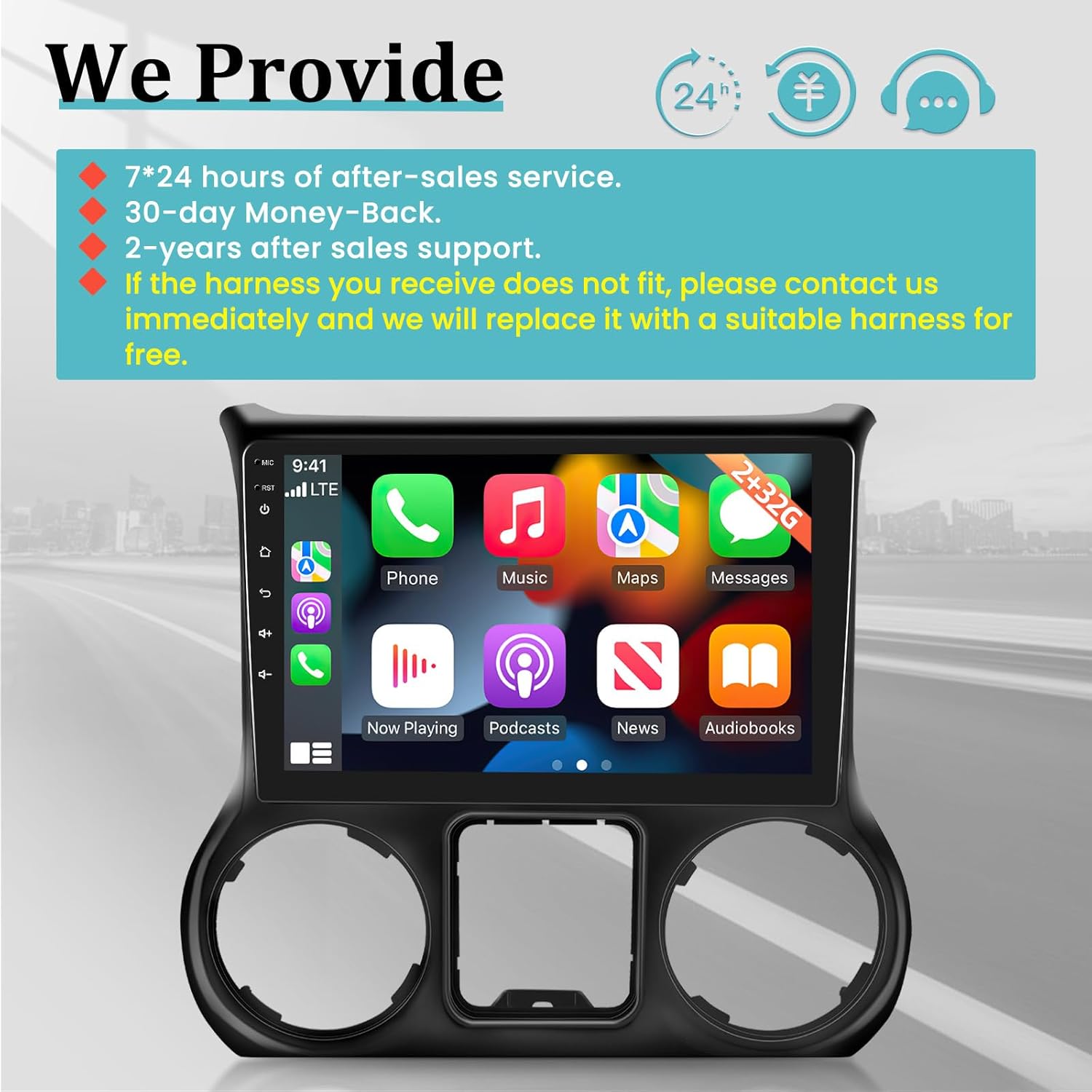 Radio inalámbrica Apple Carplay Android para automóvil para Jeep Wrangler 2015-2017, 2+32G 10.1 pulgadas pantalla táctil con Android AutoDSPGPSWiFi
