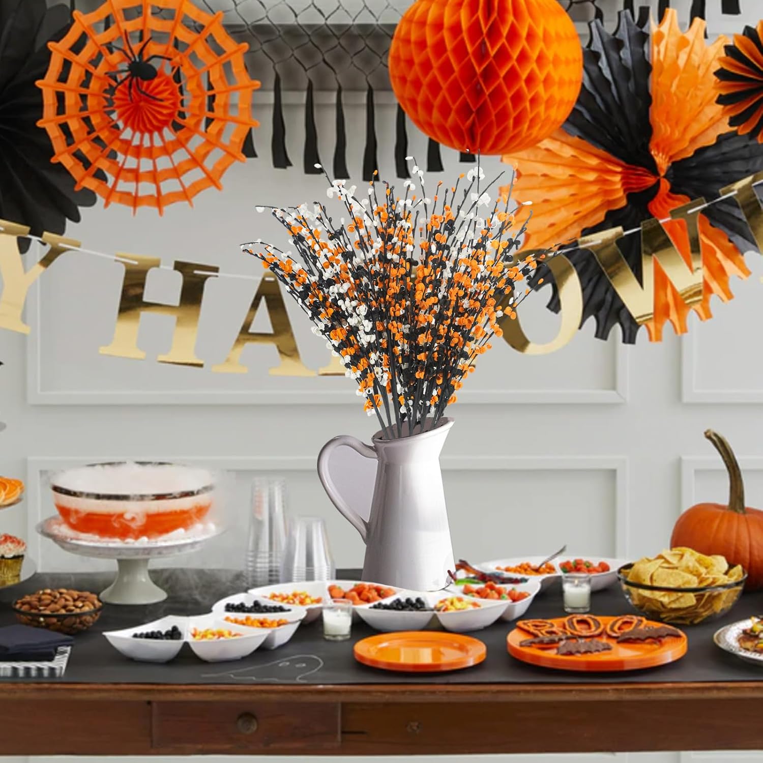6 piezas de flores de jazmín artificiales largas, tallos florales de Halloween con flores de jazmín negro, naranja y blanco, tallos de flores de