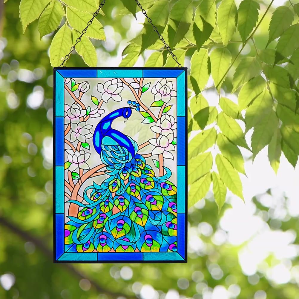 VEWOGARDEN Atrapasoles de cristal artístico de pavo real de 10 x 15 pulgadas de alto, pintado a mano, decoración de panel con cadena